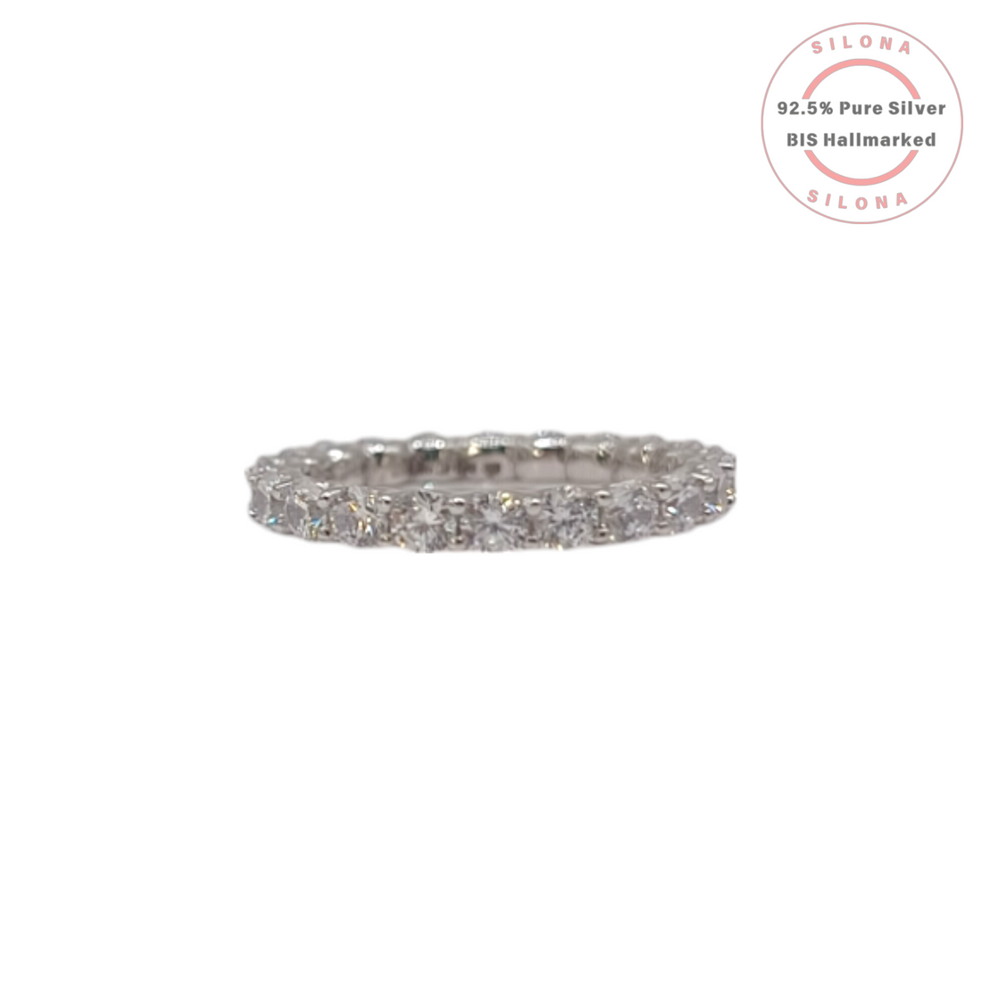 Silona's Classic Eternity Ring crafted in pure 92.5 silver, featuring a full band of clear, brilliant-cut cubic zirconia stones, shot on a white background.