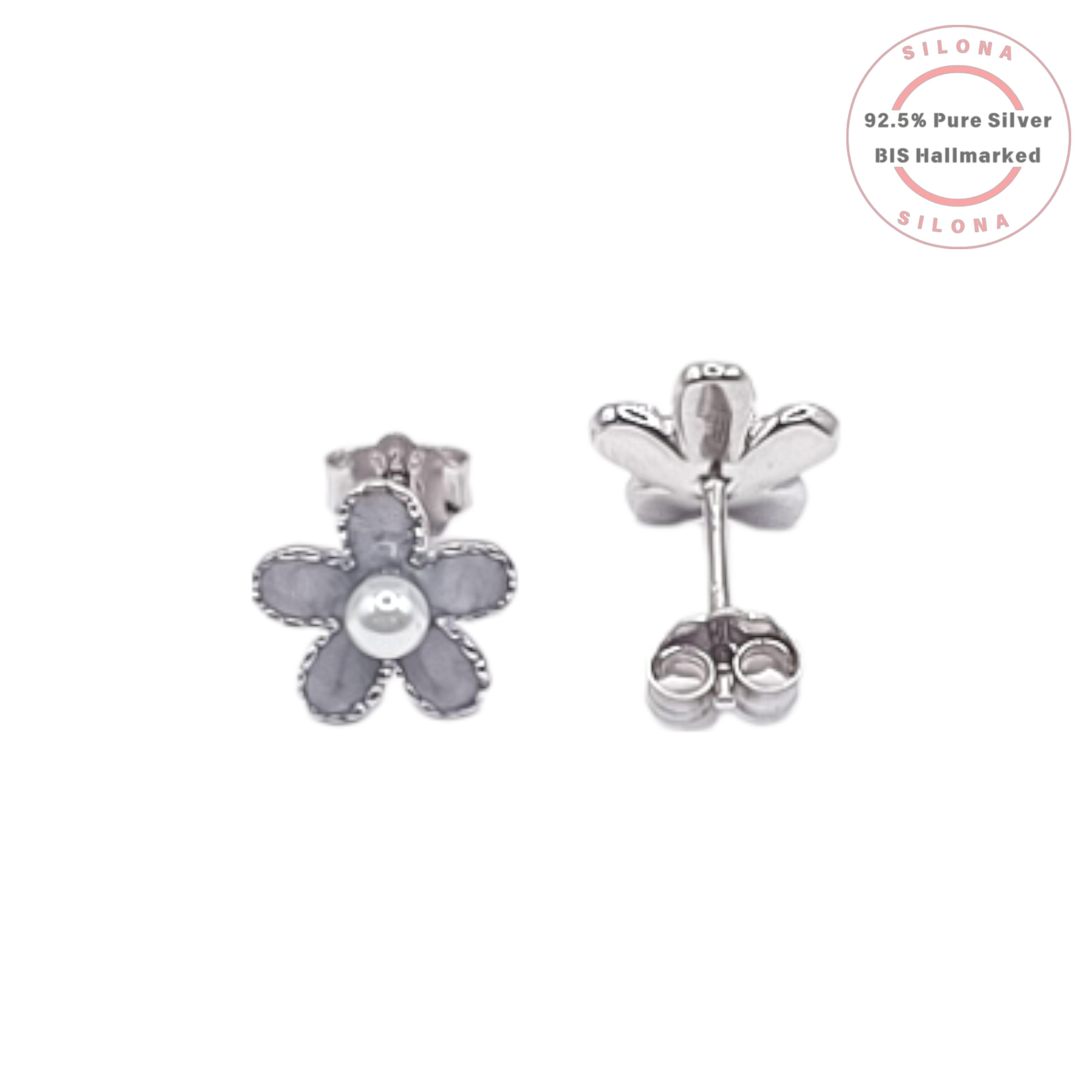 A pair of Silona's Grey Blossom Pearl Stud Earrings in 92.5 silver, featuring grey enamel petals and a central pearl, on a white background.