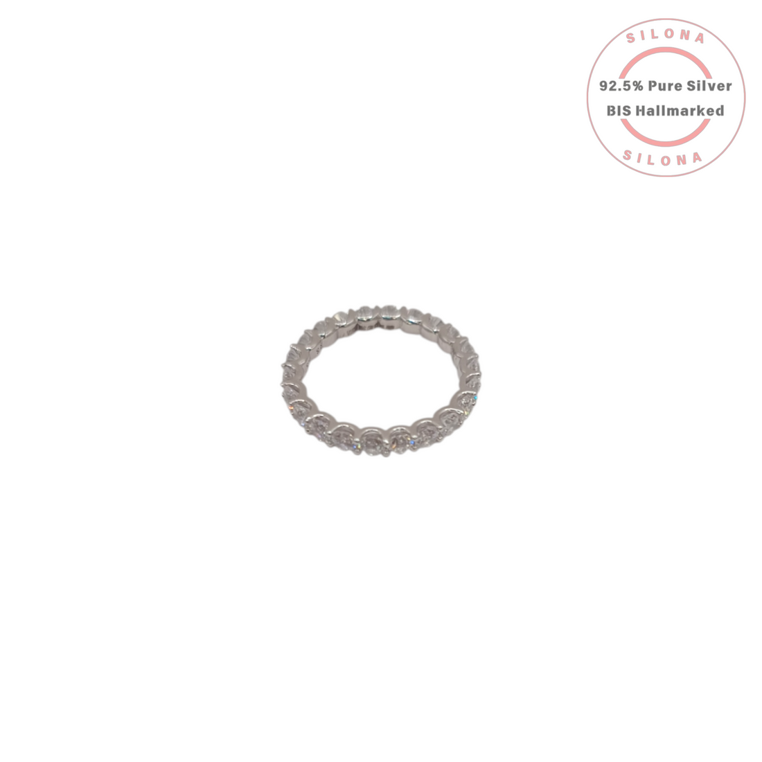 Silona's Classic Eternity Ring crafted in pure 92.5 silver, featuring a full band of clear, brilliant-cut cubic zirconia stones, shot on a white background.