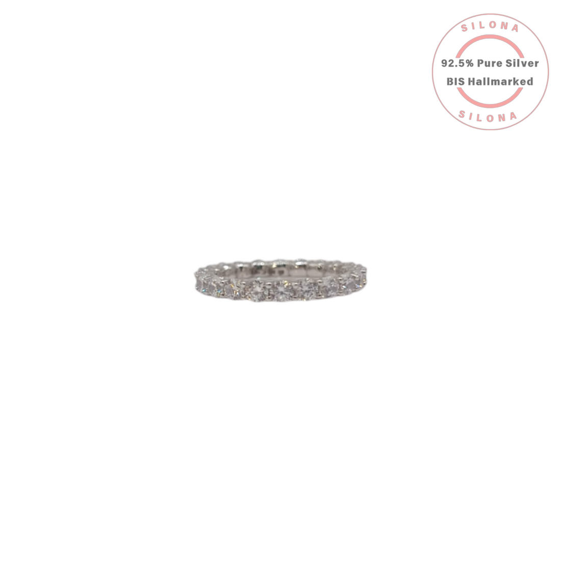 Silona's Classic Eternity Ring crafted in pure 92.5 silver, featuring a full band of clear, brilliant-cut cubic zirconia stones, shot on a white background.