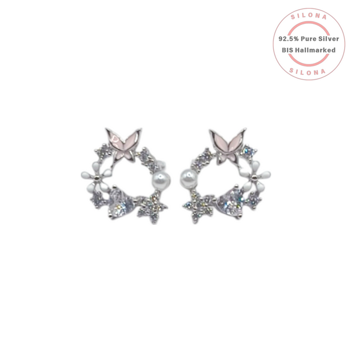 92.5 Sterling Silver Butterfly and Floral Wreath Earrings with Luminous Pearls and Clear Stones