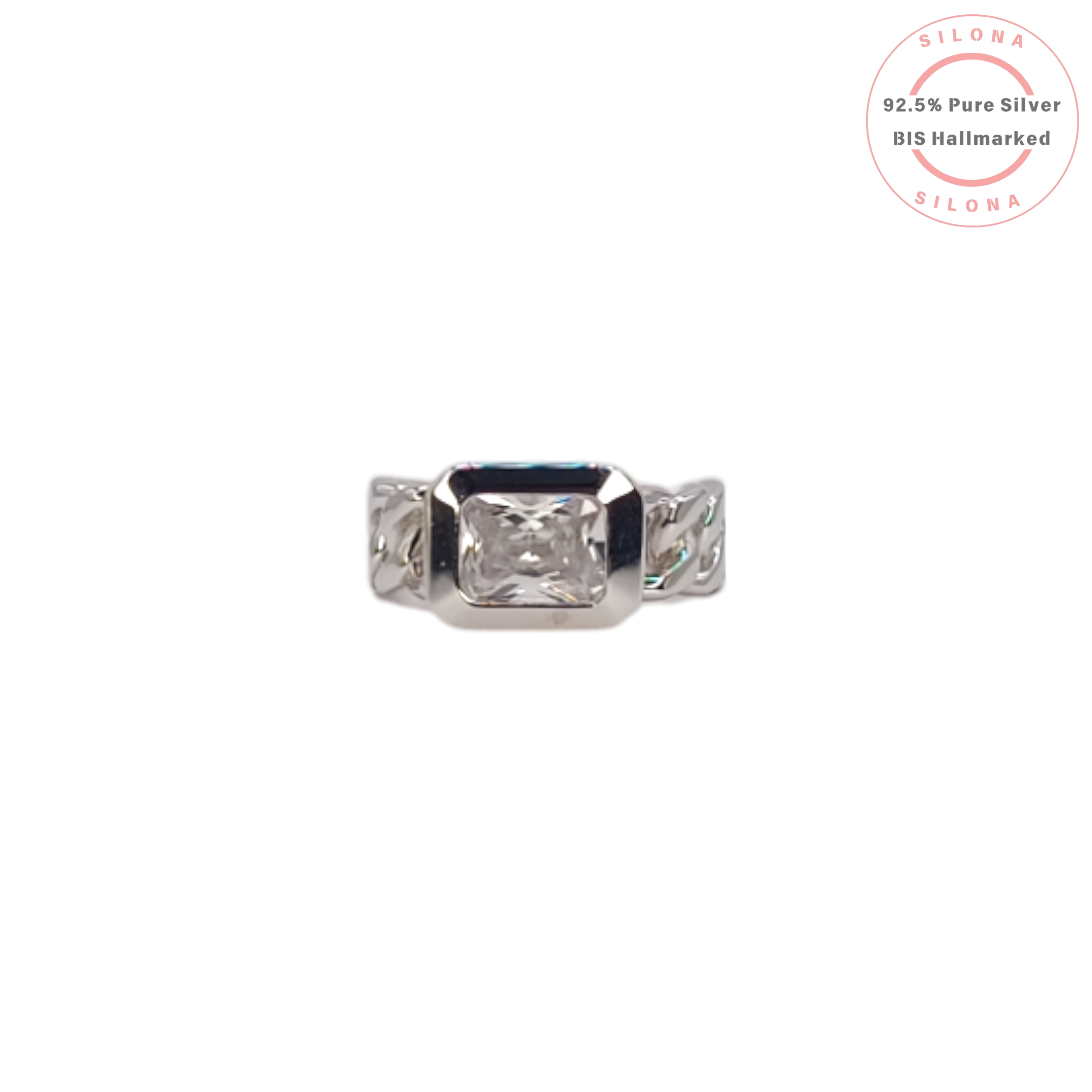 Front view of a modern emerald cut solitaire ring with a curb link style band, crafted in 92.5 sterling silver on a white background.