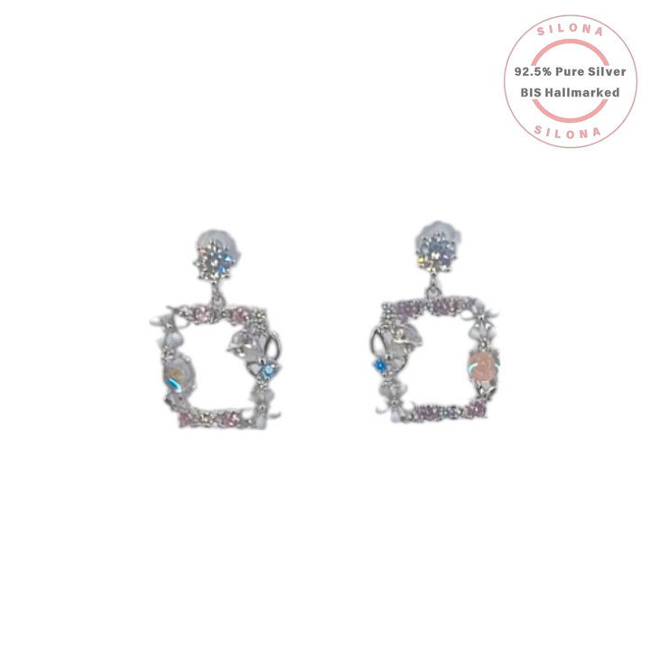 A pair of Silona's Pastel Garden Square Drop Earrings in 92.5 silver, featuring pink, blue, and iridescent stones on a white background.