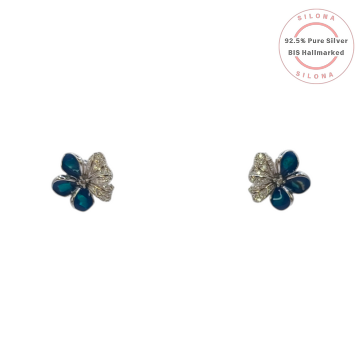 Azure Bloom Floral Necklace and Earring Set in 92.5 Silver, featuring earrings with blue and pavé CZ petals.