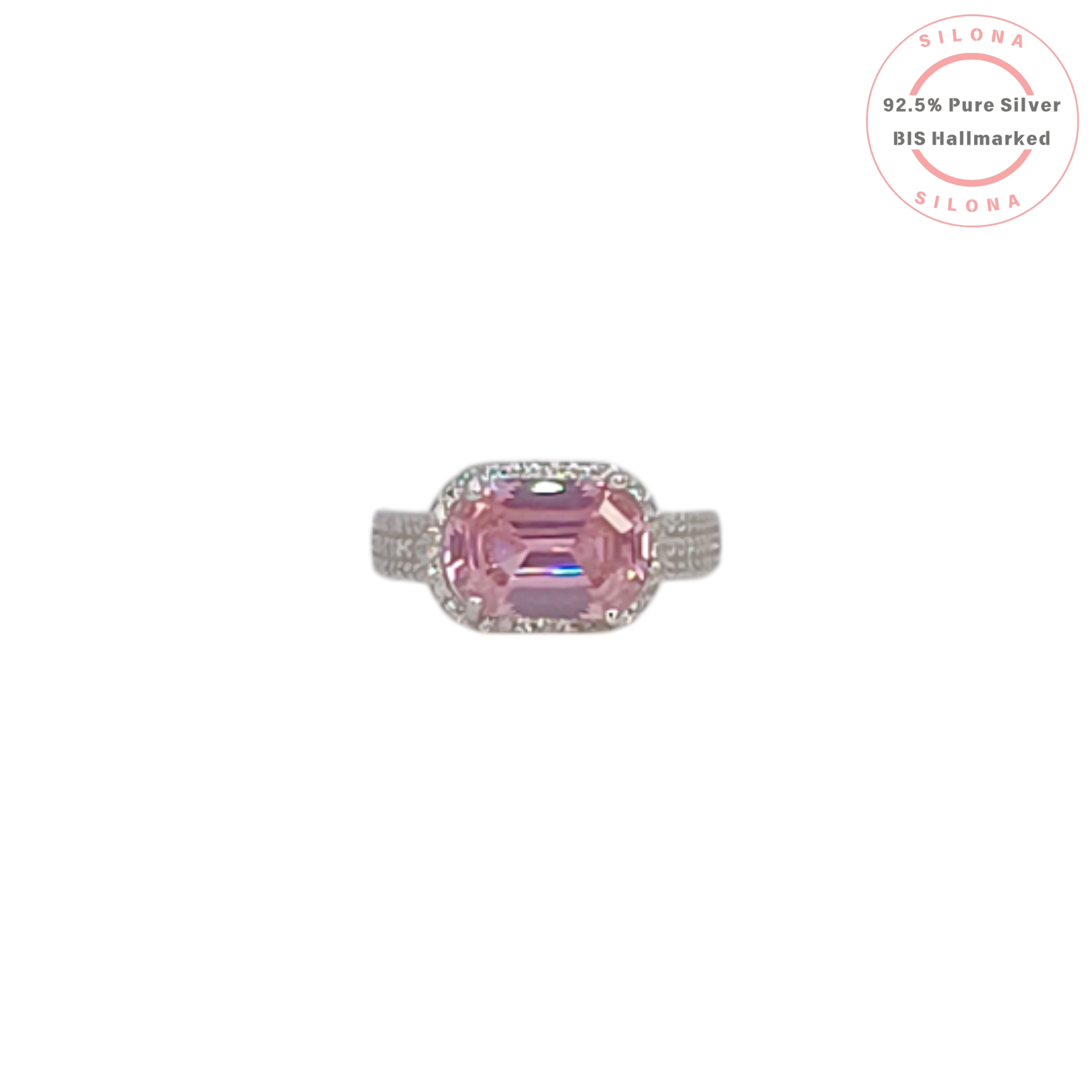 Front view of the Silona Emerald-Cut Pink Halo Ring, featuring a rectangular pink gemstone surrounded by a halo of clear stones on a pave-set 92.5 silver band.