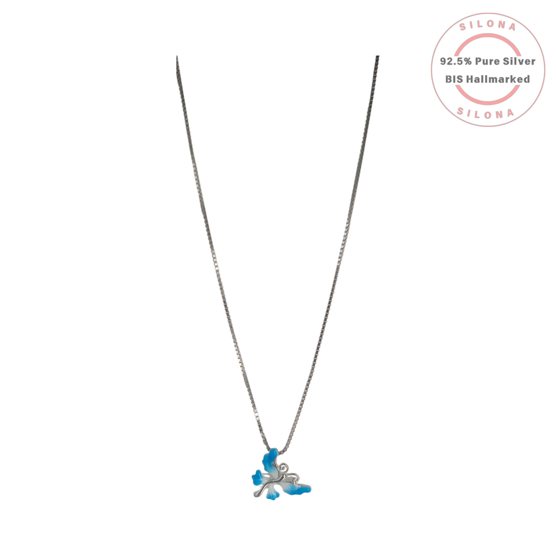 Silona's Ethereal Butterfly Necklace with blue and white enamel pendant on a silver box chain, crafted from 92.5 silver.