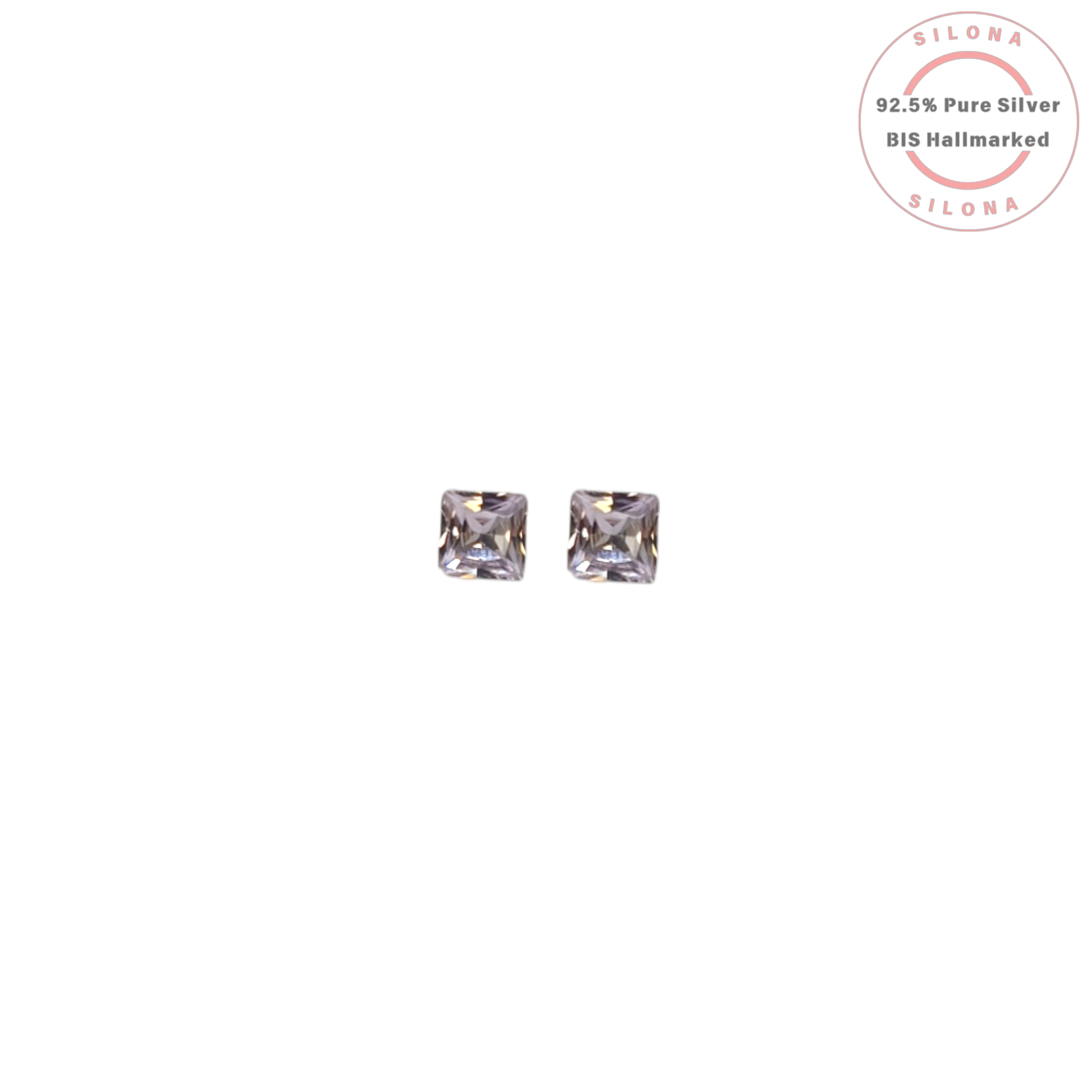 Pair of minimalist princess-cut stud earrings with pale lavender cubic zirconia stones, set in 92.5 sterling silver.