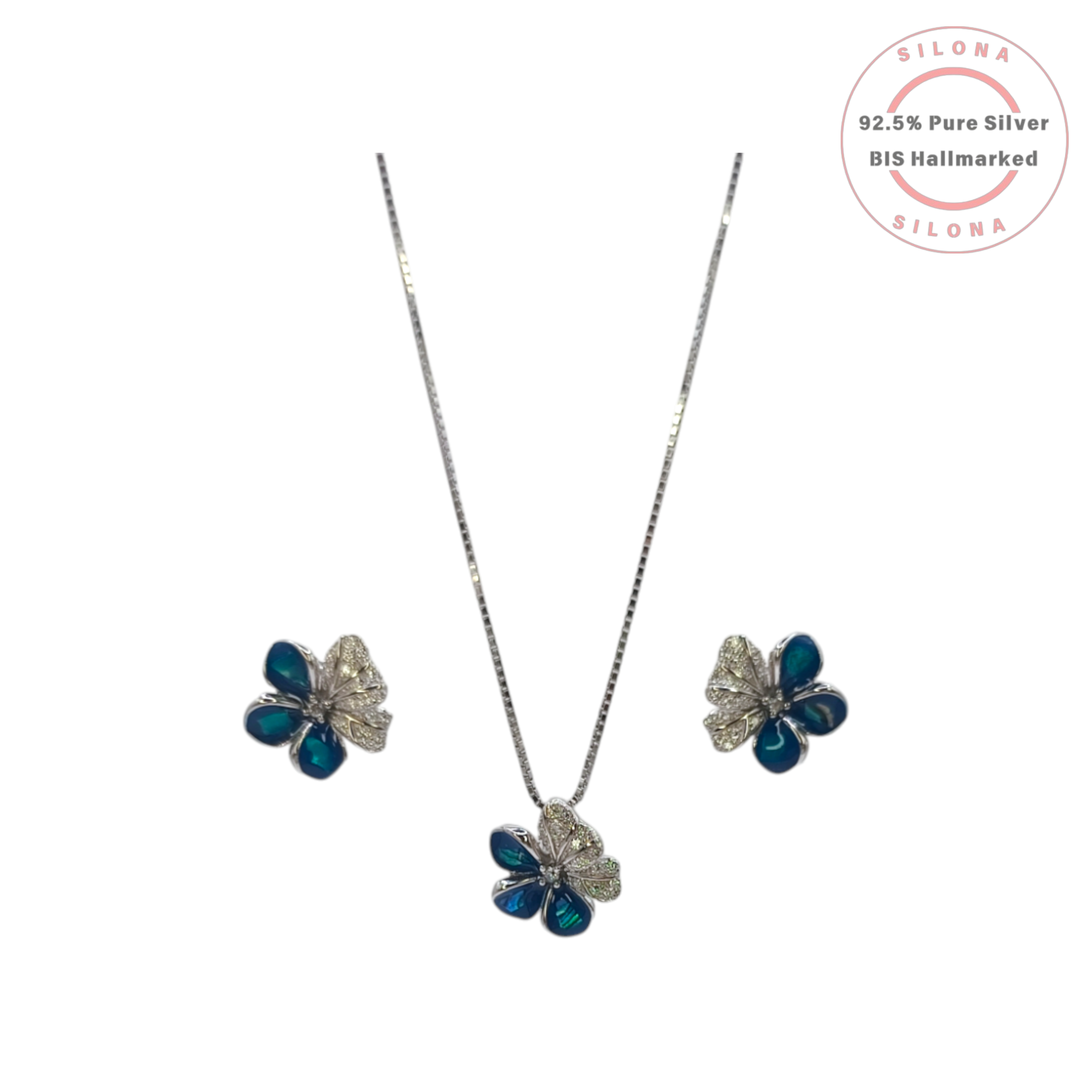 Azure Bloom Floral Necklace and Earring Set in 92.5 Silver, featuring earrings with blue and pavé CZ petals.