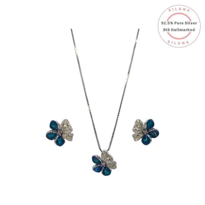 Azure Bloom Floral Necklace and Earring Set in 92.5 Silver, featuring earrings with blue and pavé CZ petals.