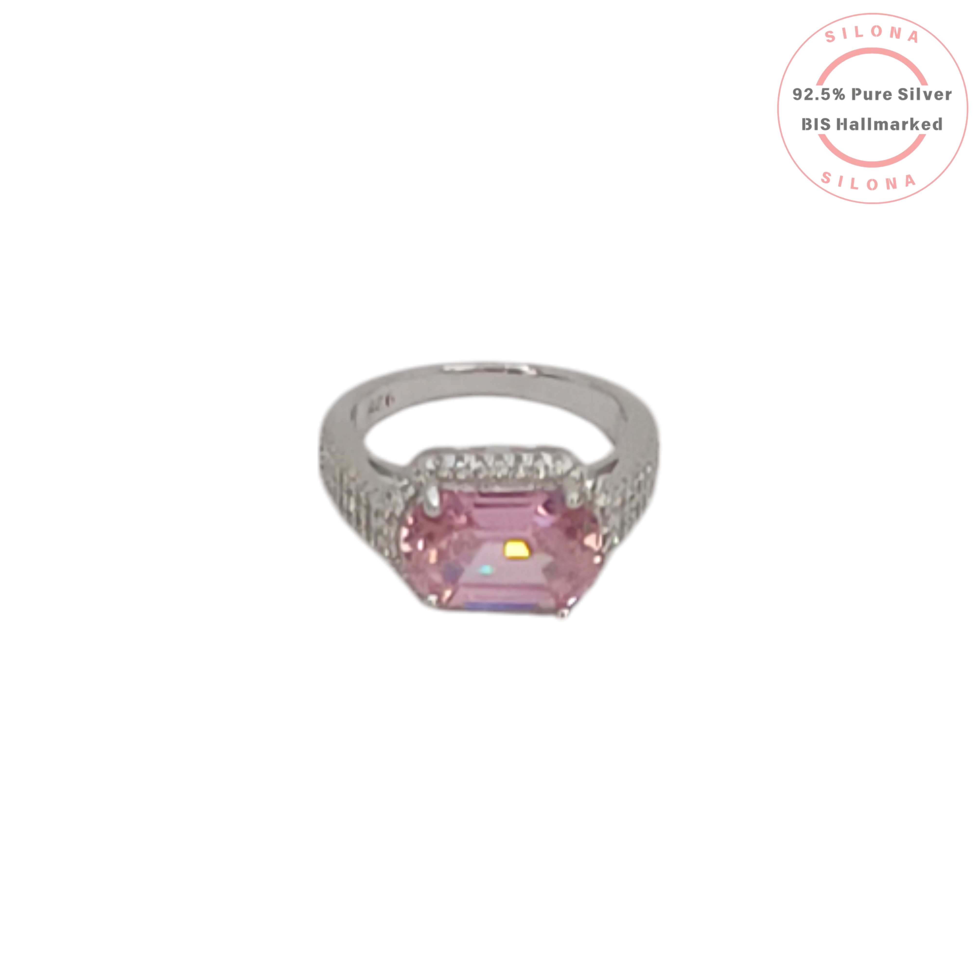 Front view of the Silona Emerald-Cut Pink Halo Ring, featuring a rectangular pink gemstone surrounded by a halo of clear stones on a pave-set 92.5 silver band.