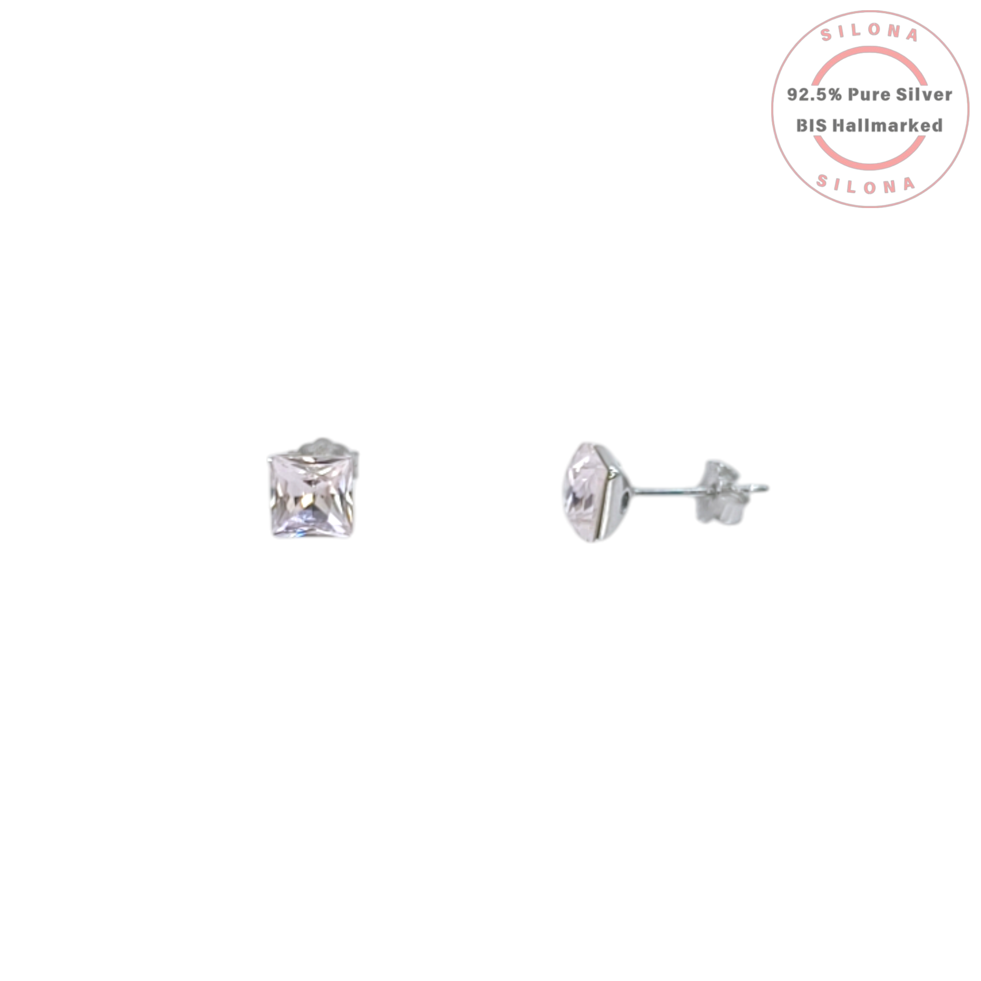 Pair of minimalist princess-cut stud earrings with pale lavender cubic zirconia stones, set in 92.5 sterling silver.