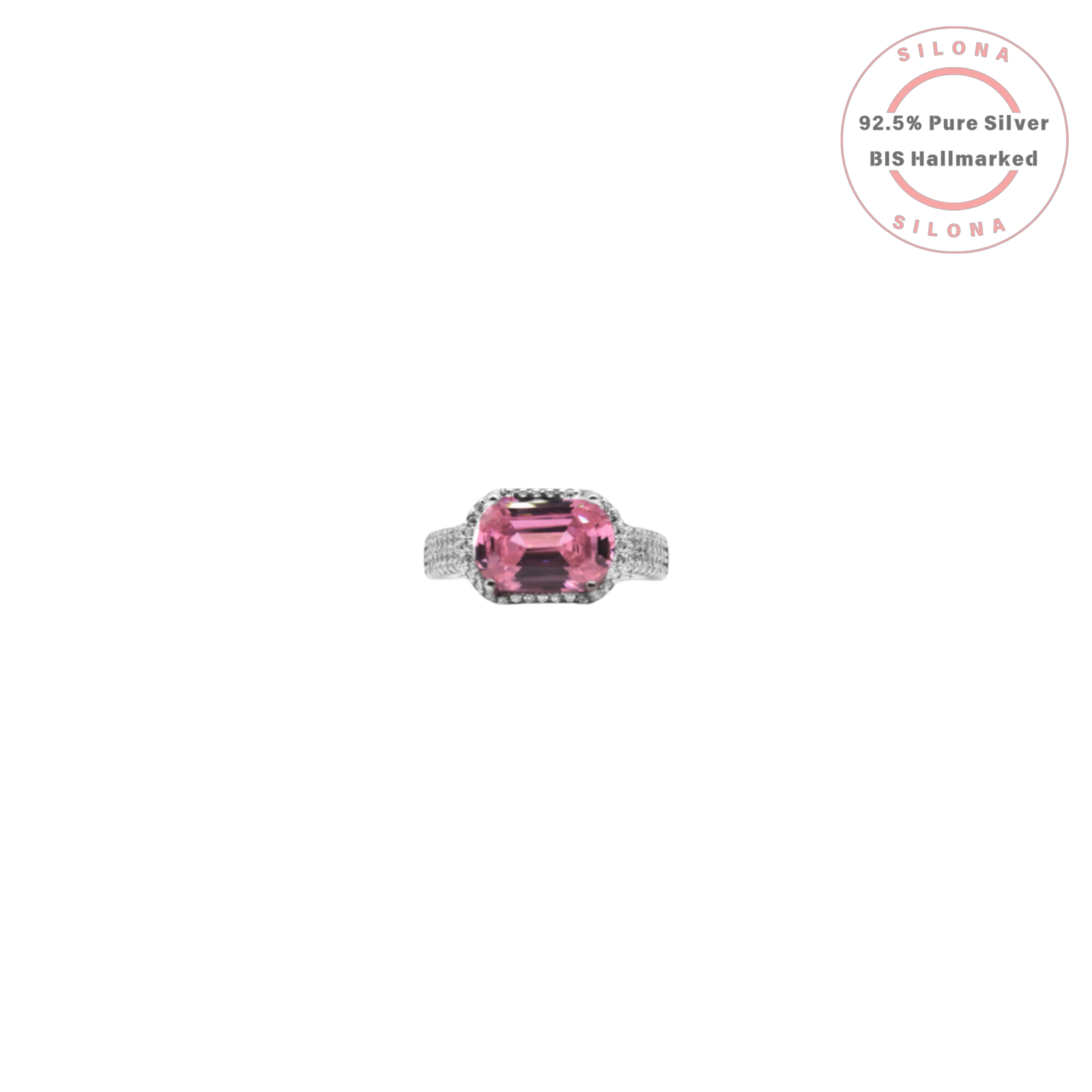 Front view of the Silona Emerald-Cut Pink Halo Ring, featuring a rectangular pink gemstone surrounded by a halo of clear stones on a pave-set 92.5 silver band.