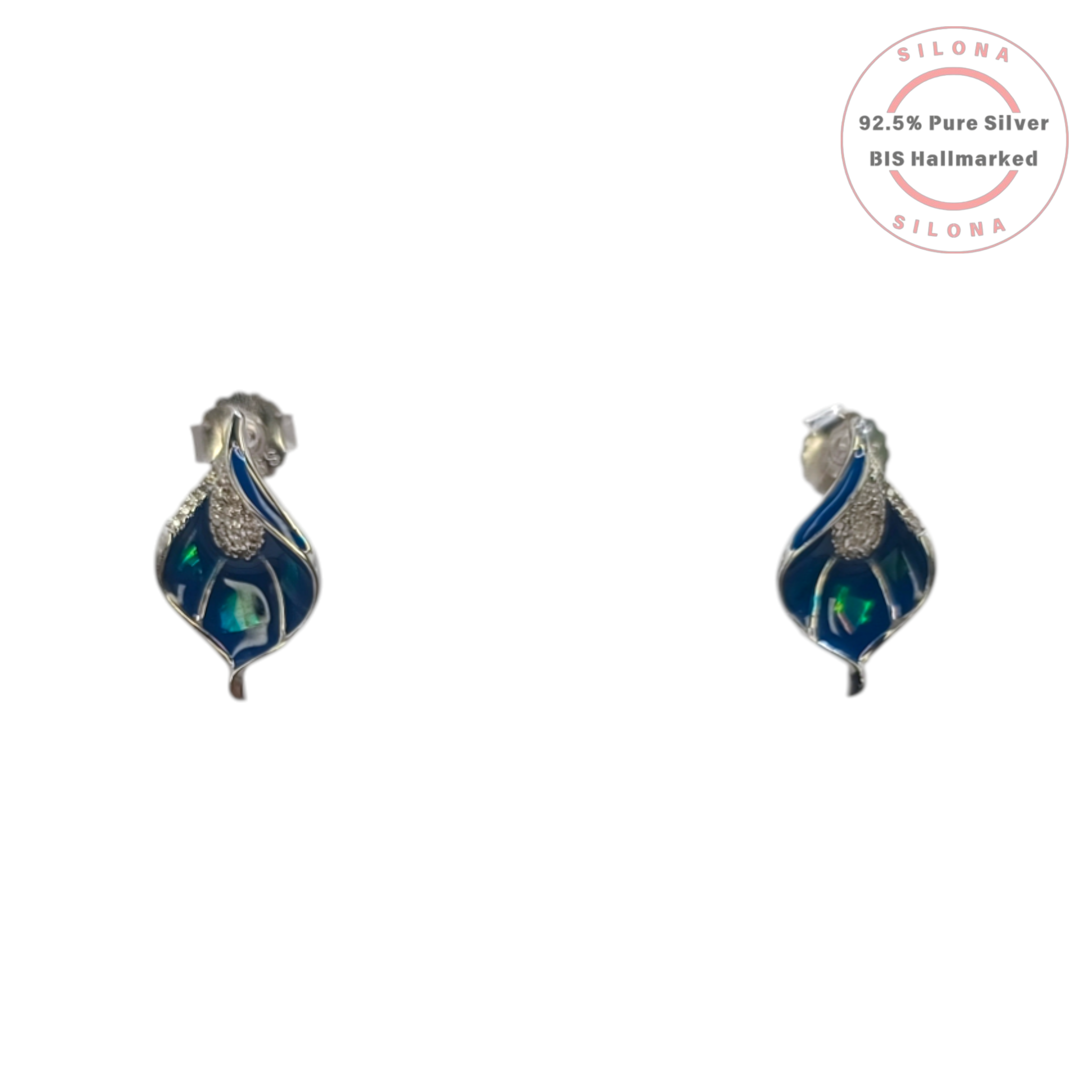 Silona's Artistic Peacock Enamel Stud Earrings in 92.5 silver with blue enamel and opalescent inlay on a white background.