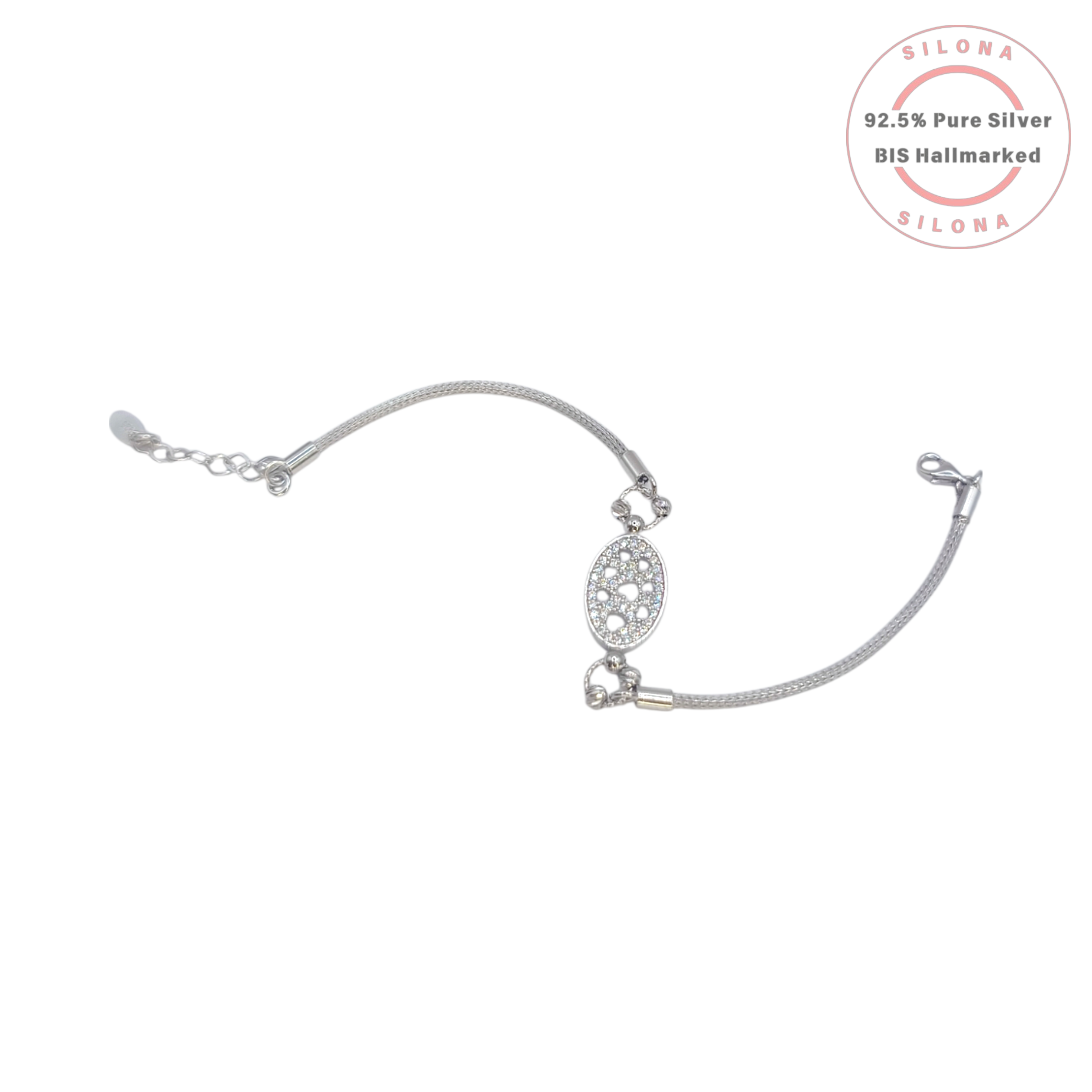 Silona Pave Petal Cluster Silver Bracelet with an oval centerpiece set with cubic zirconia on a delicate silver chain.