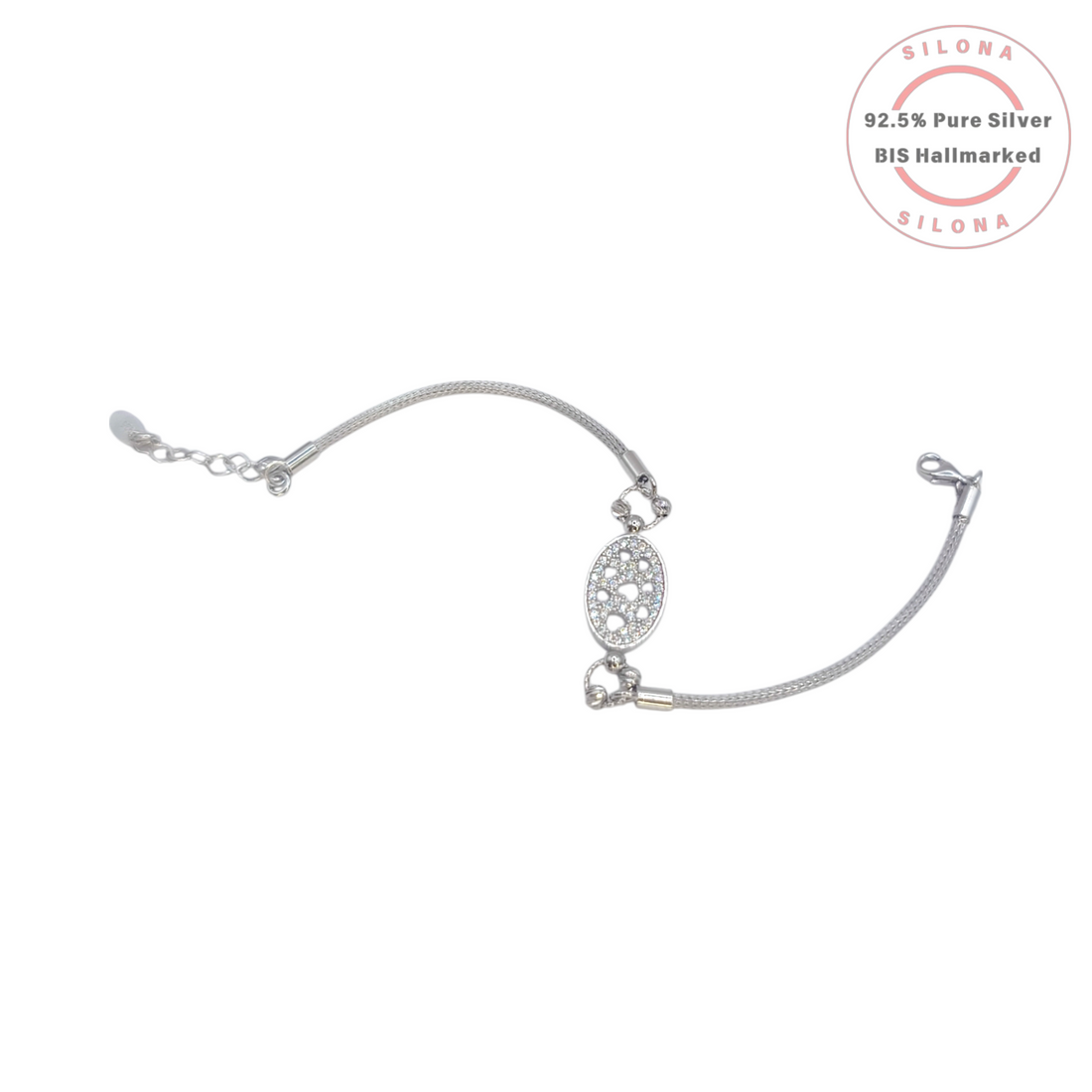 Silona Pave Petal Cluster Silver Bracelet with an oval centerpiece set with cubic zirconia on a delicate silver chain.