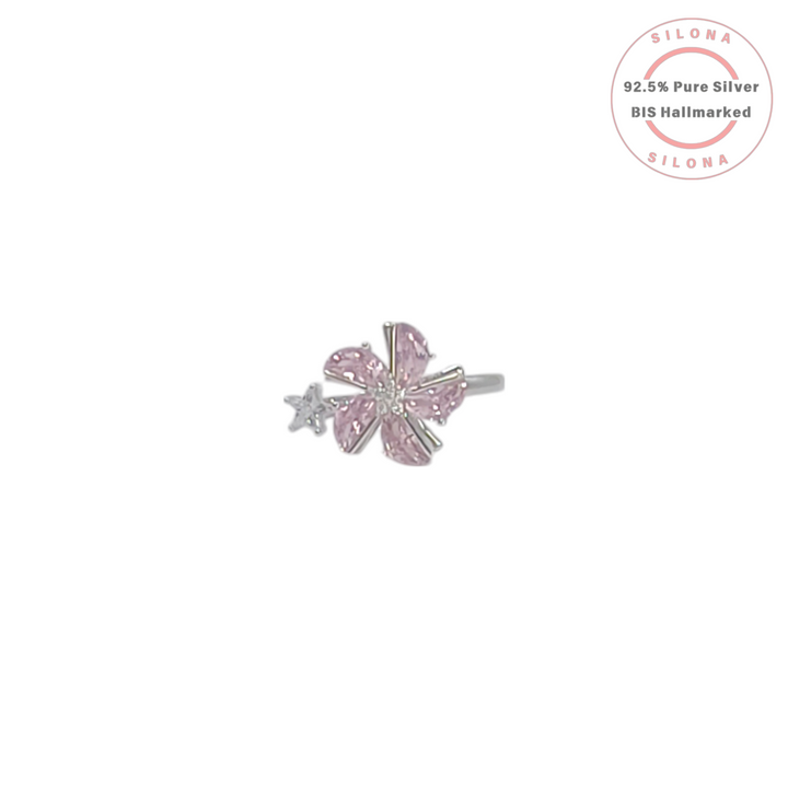Silona Sakura Blossom Ring in 92.5 silver featuring a flower made of marquise-cut pink cubic zirconia with a star accent.