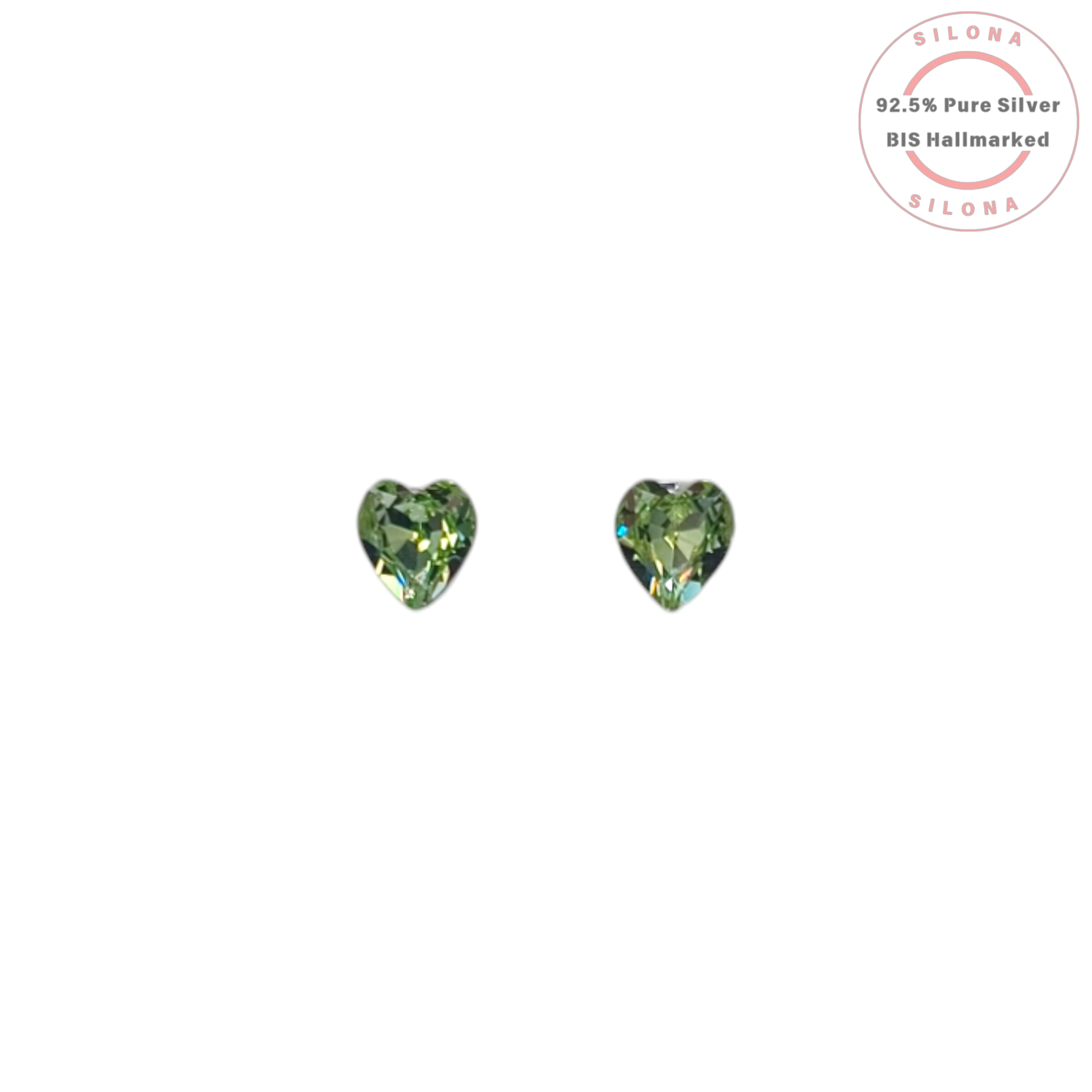 Pair of Silona silver stud earrings with faceted, peridot green, heart-shaped crystals on a white background.