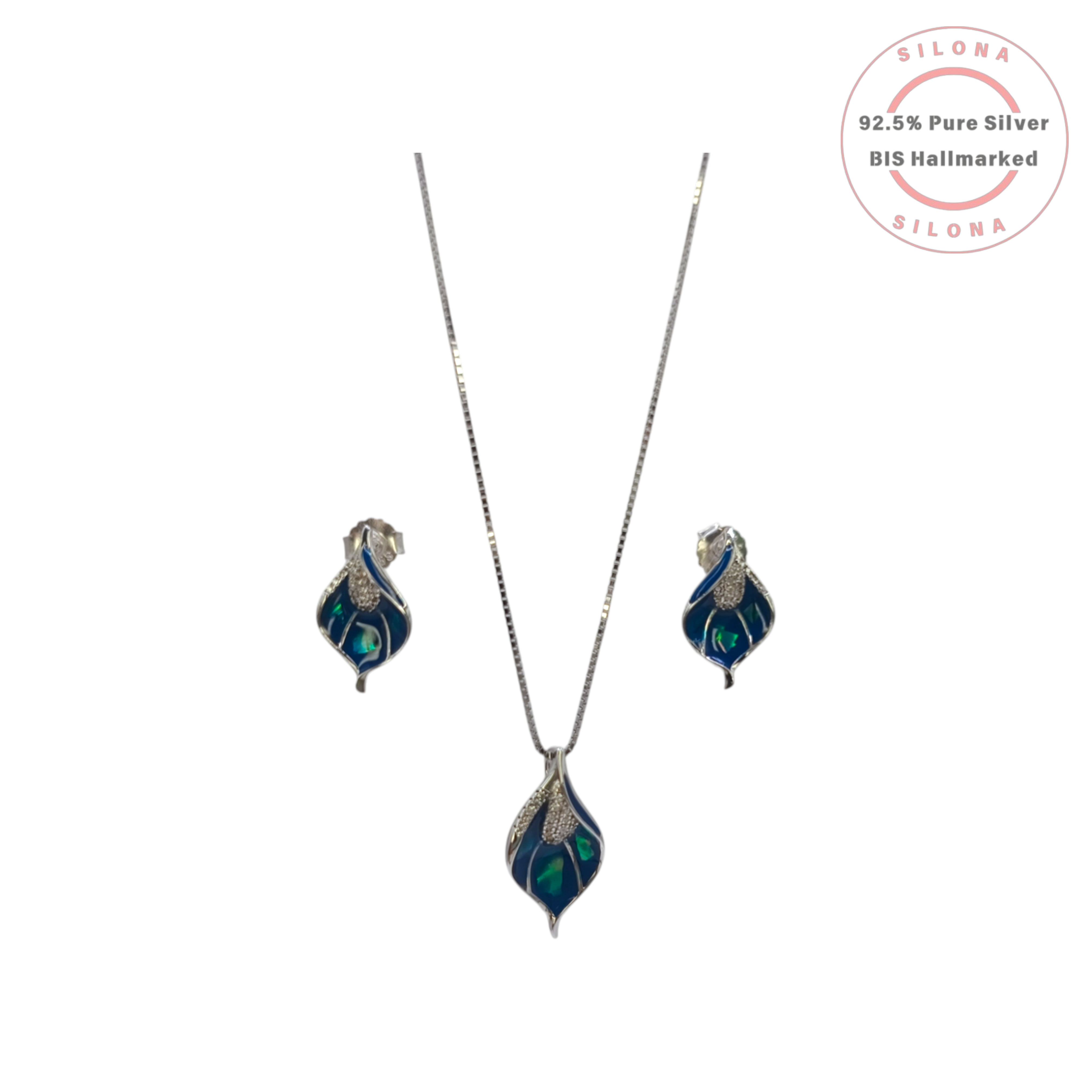 Silona's Artistic Peacock Enamel Stud Earrings in 92.5 silver with blue enamel and opalescent inlay on a white background.