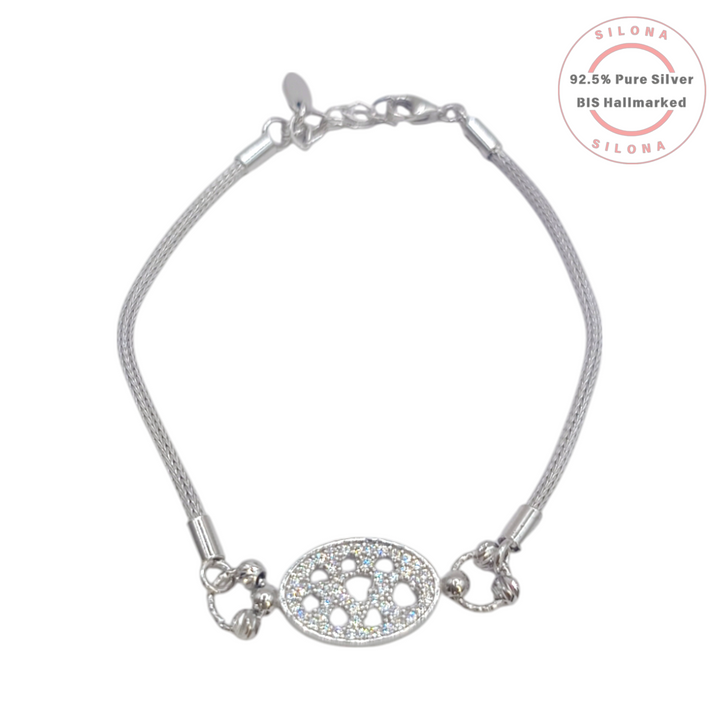 Silona Pave Petal Cluster Silver Bracelet with an oval centerpiece set with cubic zirconia on a delicate silver chain.