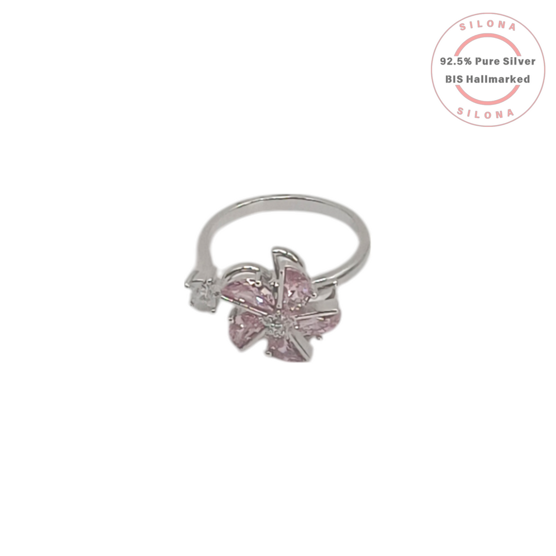 Silona Sakura Blossom Ring in 92.5 silver featuring a flower made of marquise-cut pink cubic zirconia with a star accent.
