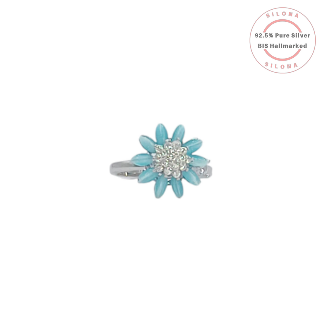 Front view of the Silona Aqua Blossom Floral Ring, featuring aqua blue petals and a cubic zirconia center on a pure 92.5 silver band.
