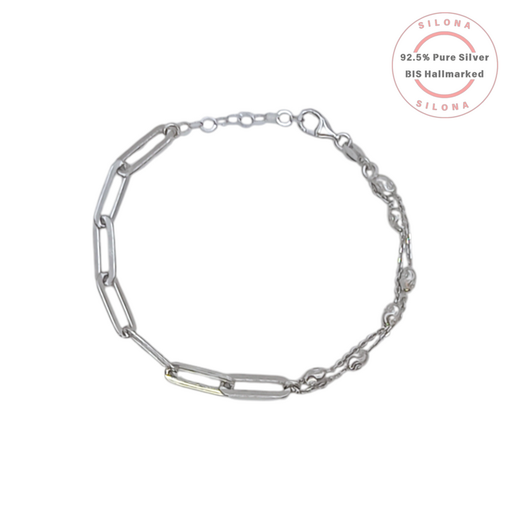 Silona Half & Half Paperclip and Beaded Chain Bracelet in 92.5 Silver on a white background