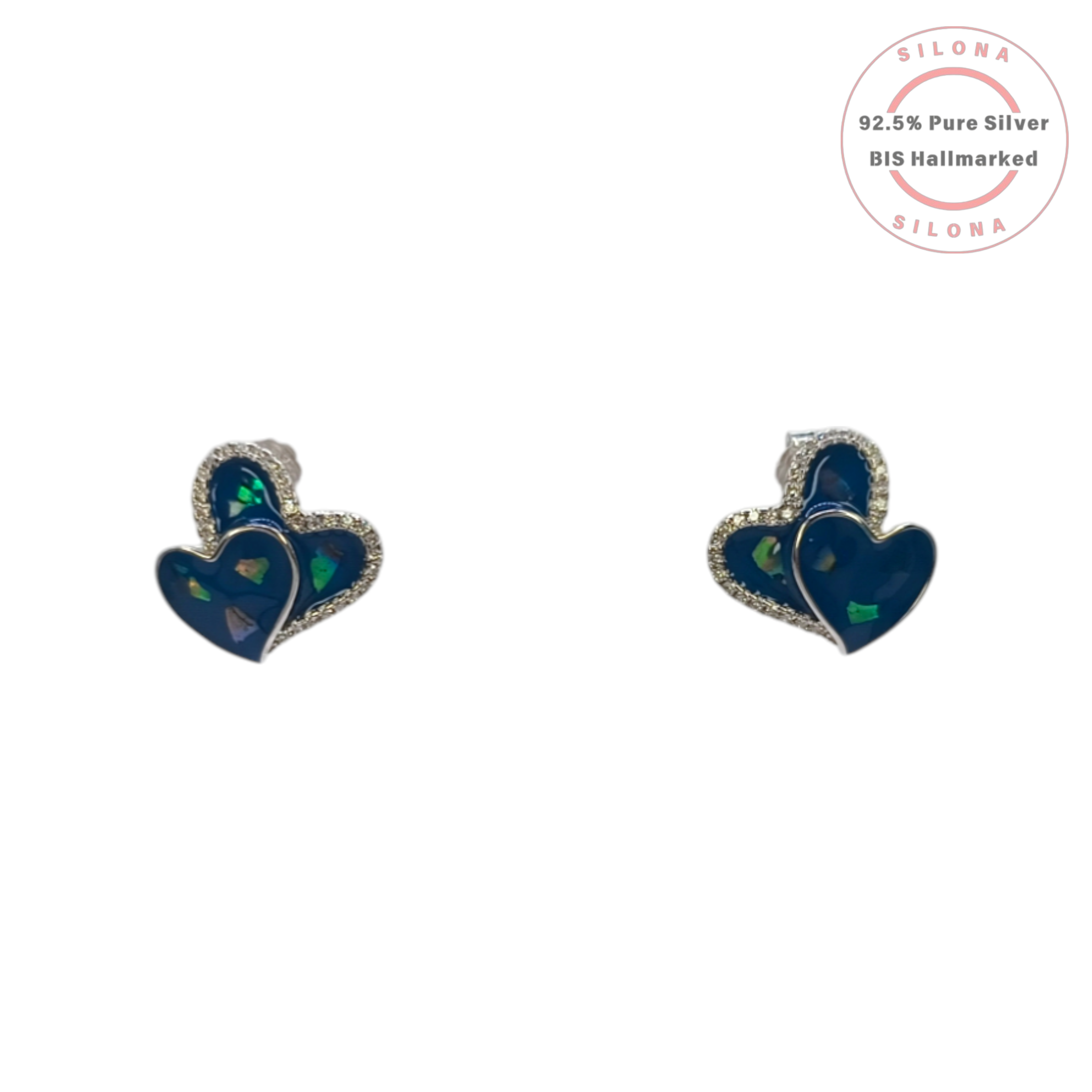 Close-up of the Opaline Double Heart Stud Earrings, part of a set, crafted in 92.5 sterling silver with blue inlay and pavé cubic zirconia.