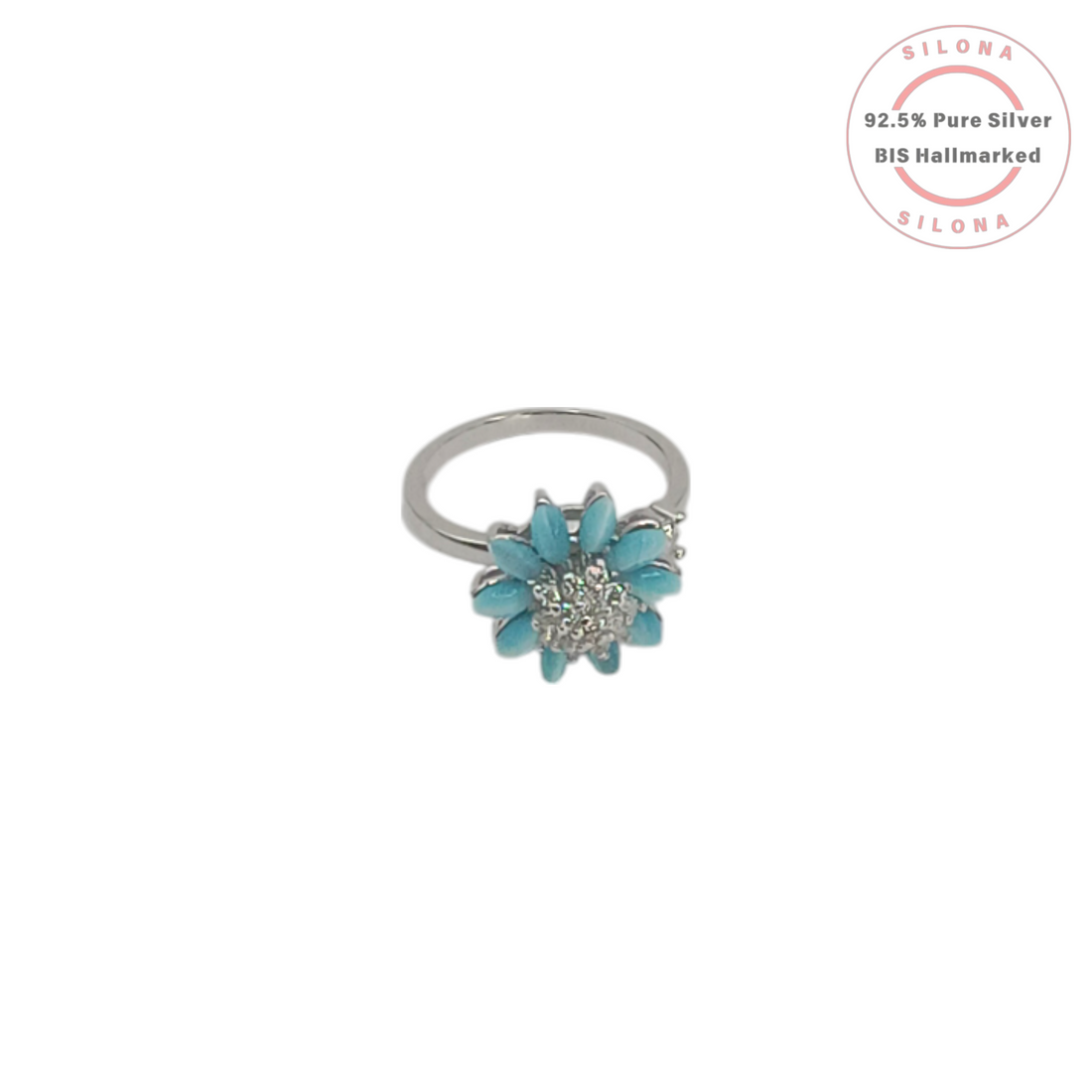 Front view of the Silona Aqua Blossom Floral Ring, featuring aqua blue petals and a cubic zirconia center on a pure 92.5 silver band.