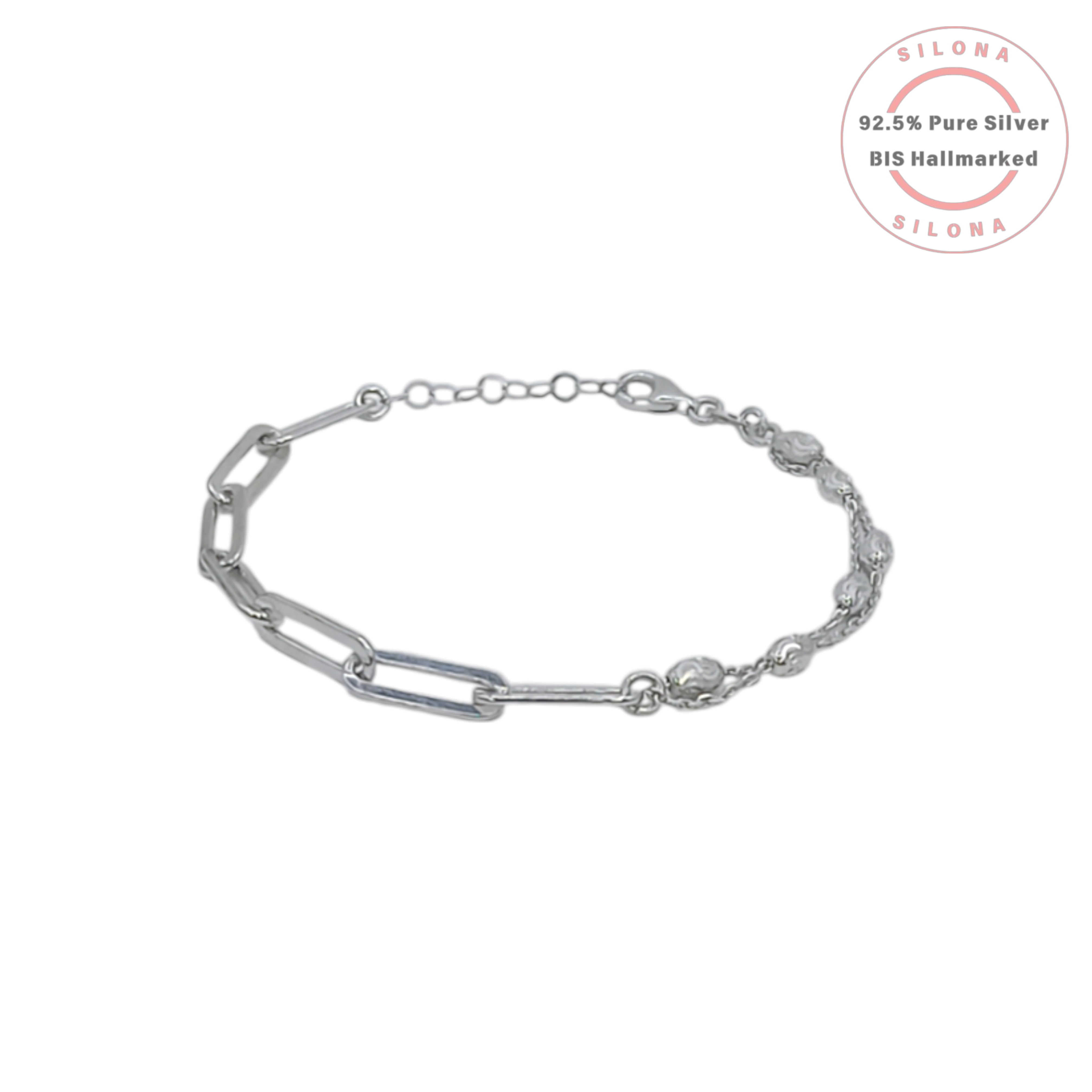 Silona Half & Half Paperclip and Beaded Chain Bracelet in 92.5 Silver on a white background