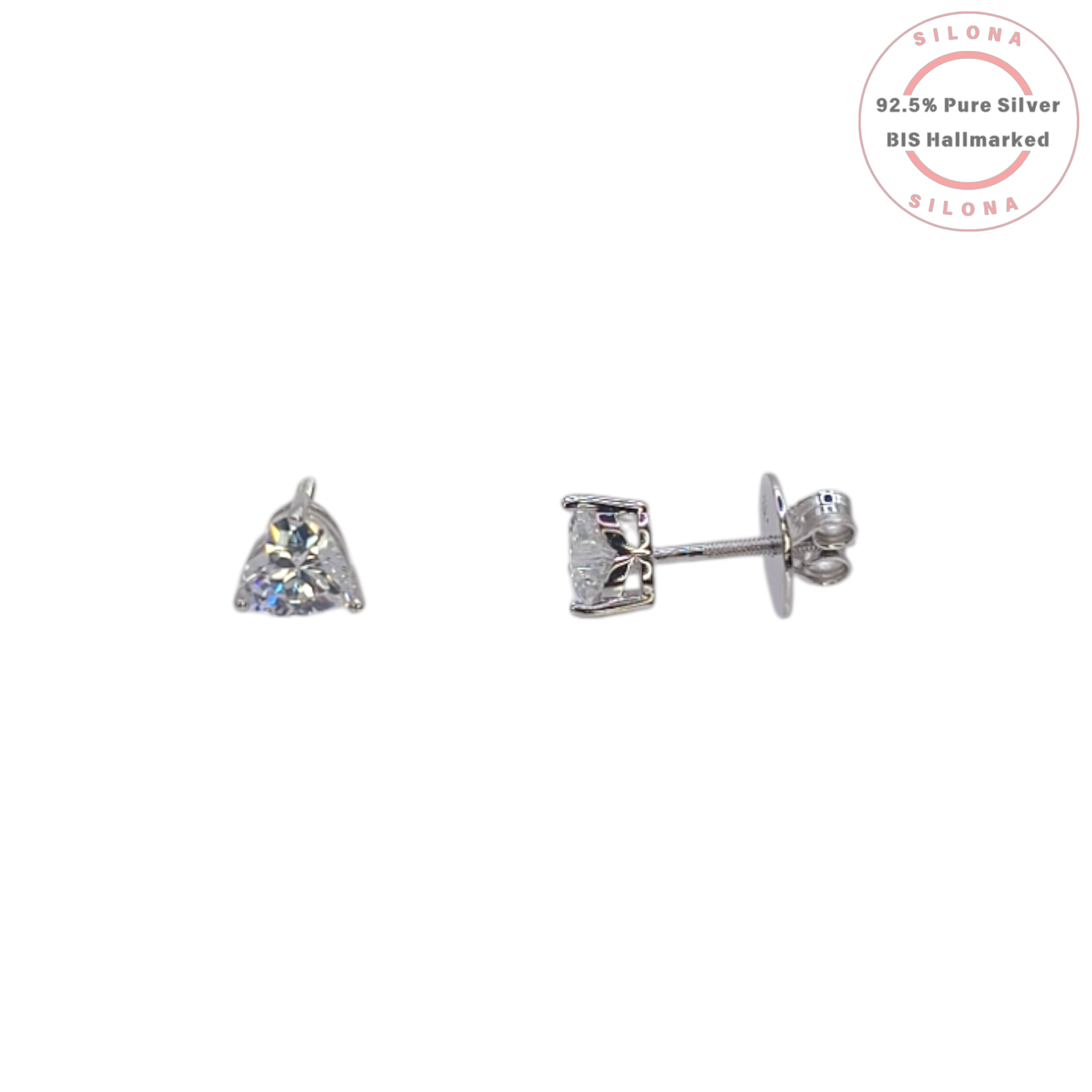 A pair of Silona solitaire heart-shaped stud earrings, featuring brilliant-cut cubic zirconia stones set in 92.5 pure silver, on a clean white background.