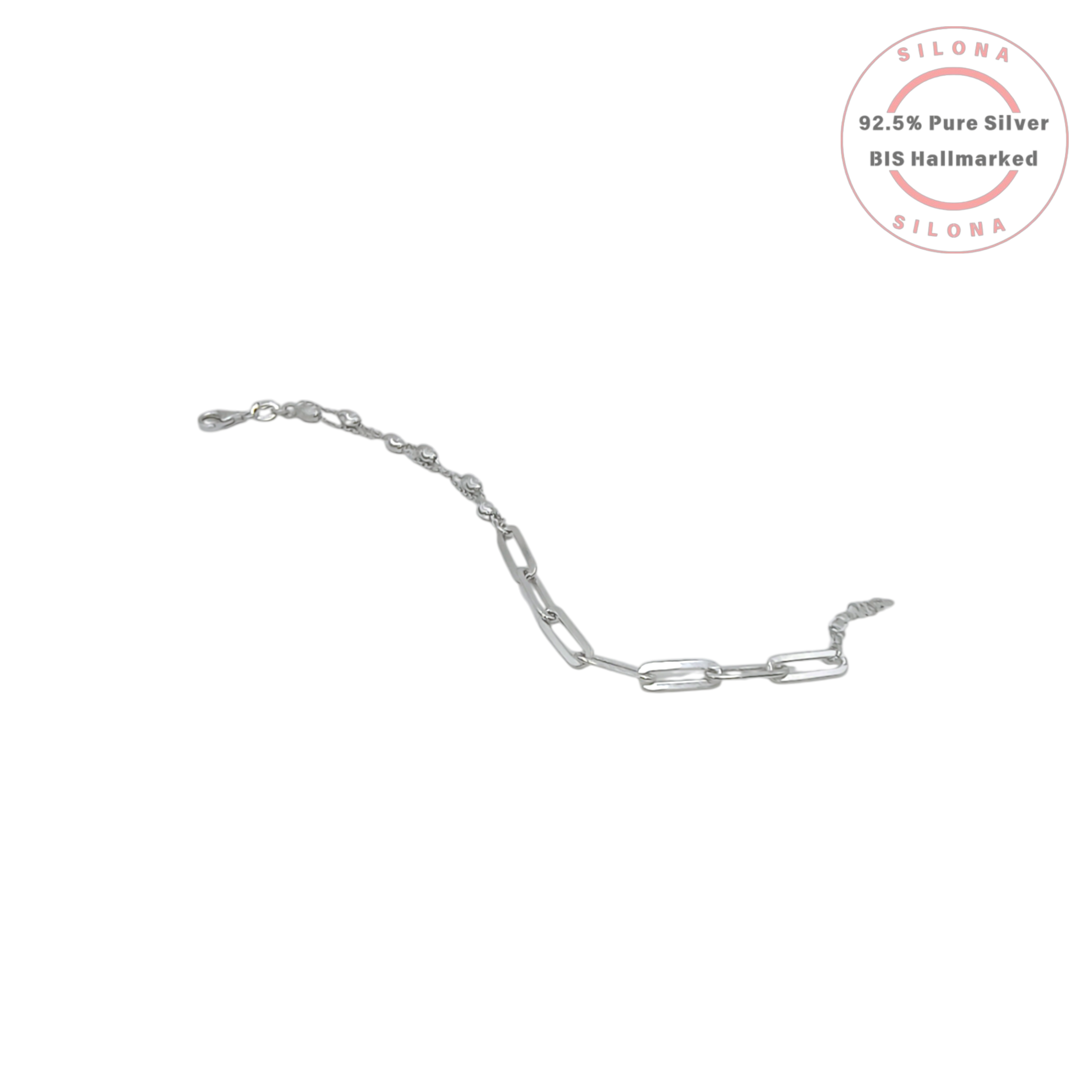 Silona Half & Half Paperclip and Beaded Chain Bracelet in 92.5 Silver on a white background