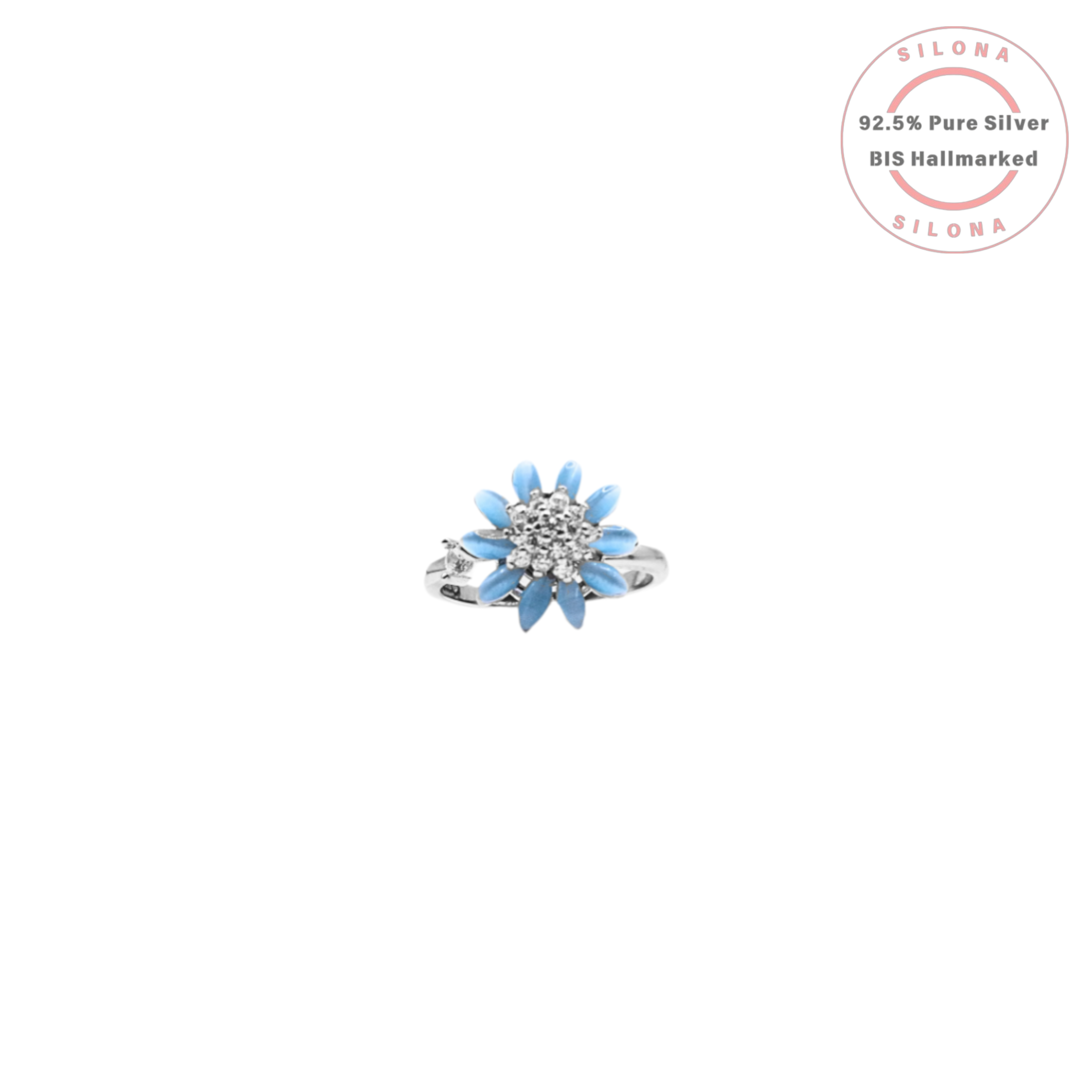 Front view of the Silona Aqua Blossom Floral Ring, featuring aqua blue petals and a cubic zirconia center on a pure 92.5 silver band.