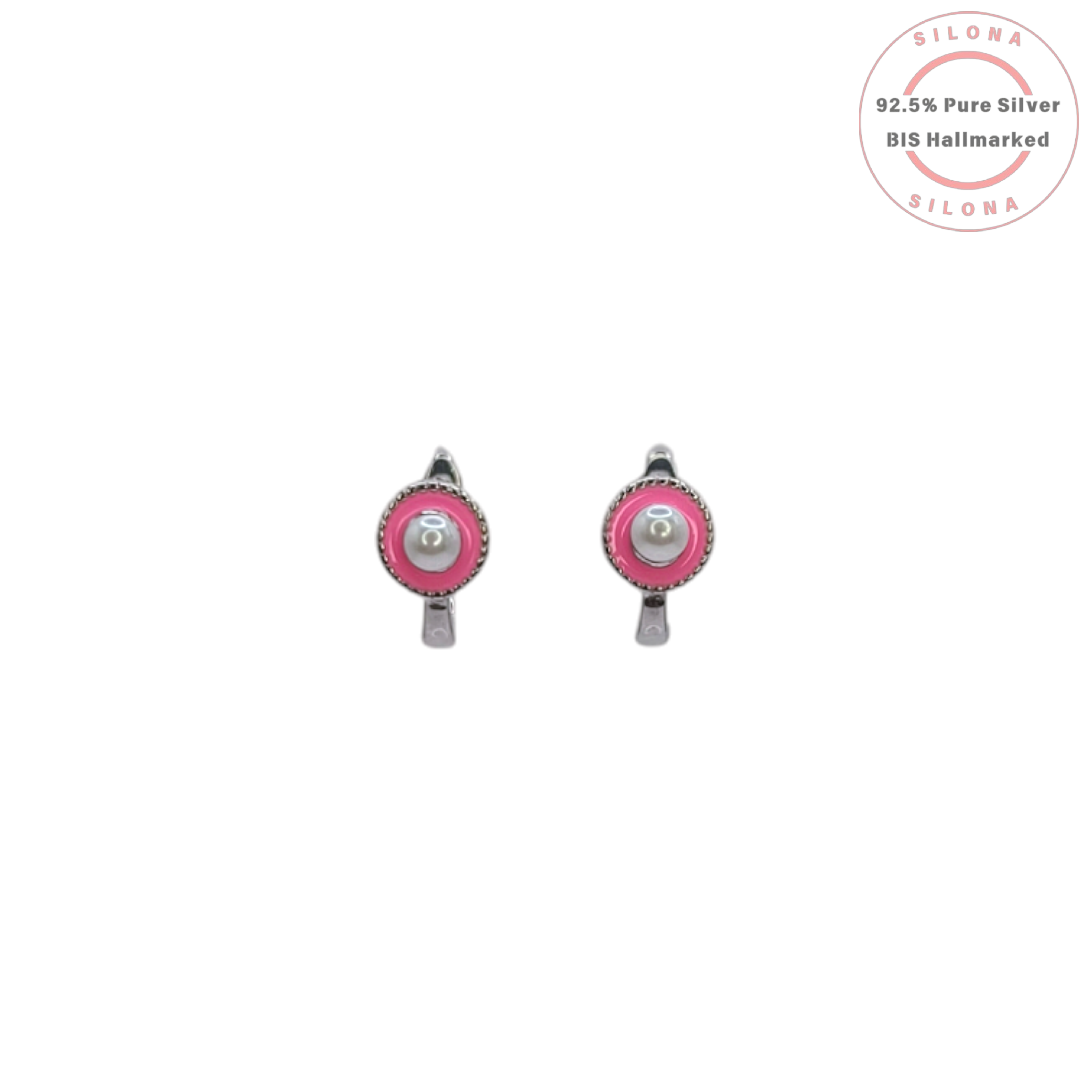 Pair of Silona silver huggie earrings with a round pink enamel halo and a central pearl, on a white background.