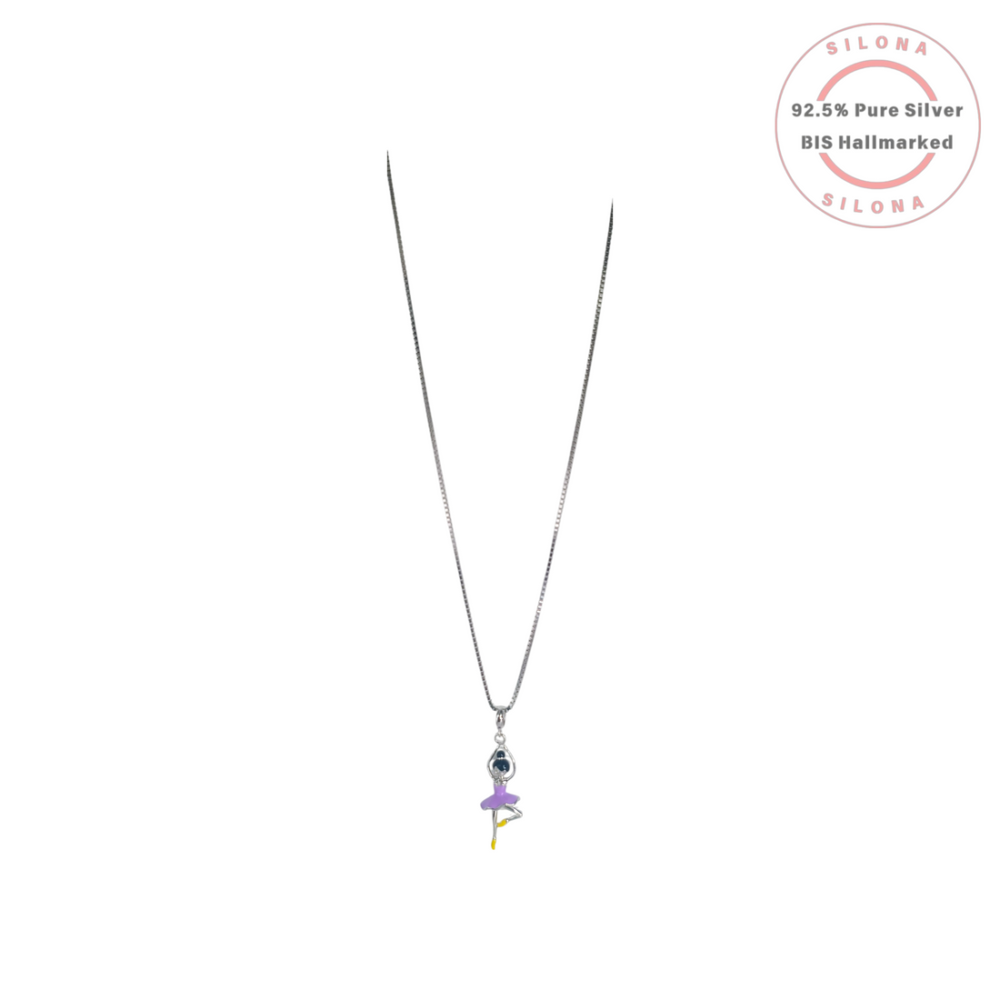 Silona Enameled Ballerina Pendant Necklace in 92.5 sterling silver, featuring a dancer with a purple tutu on a box chain.