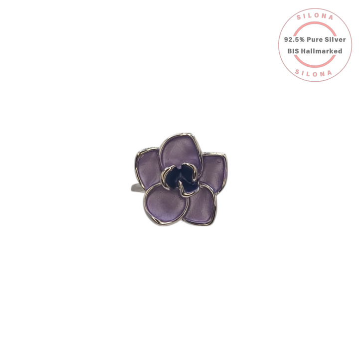 Silona Viola Bloom Enamel Ring with lavender and indigo petals, crafted from 92.5 pure silver, shown on a white background.