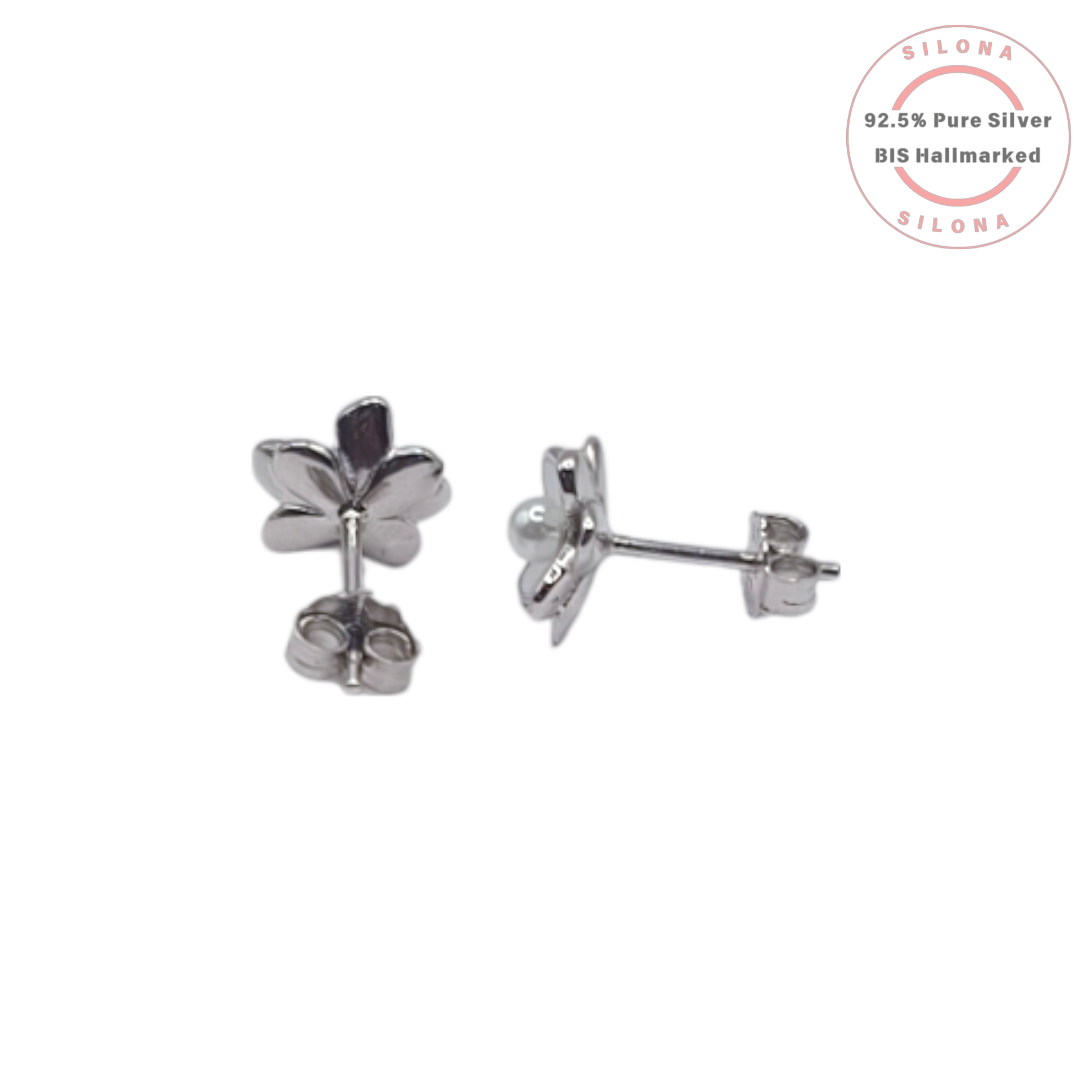 A pair of Silona Dainty Pearl Bloom Stud Earrings, crafted from 92.5 silver, featuring white enamel floral petals and a central pearl, on a white background.