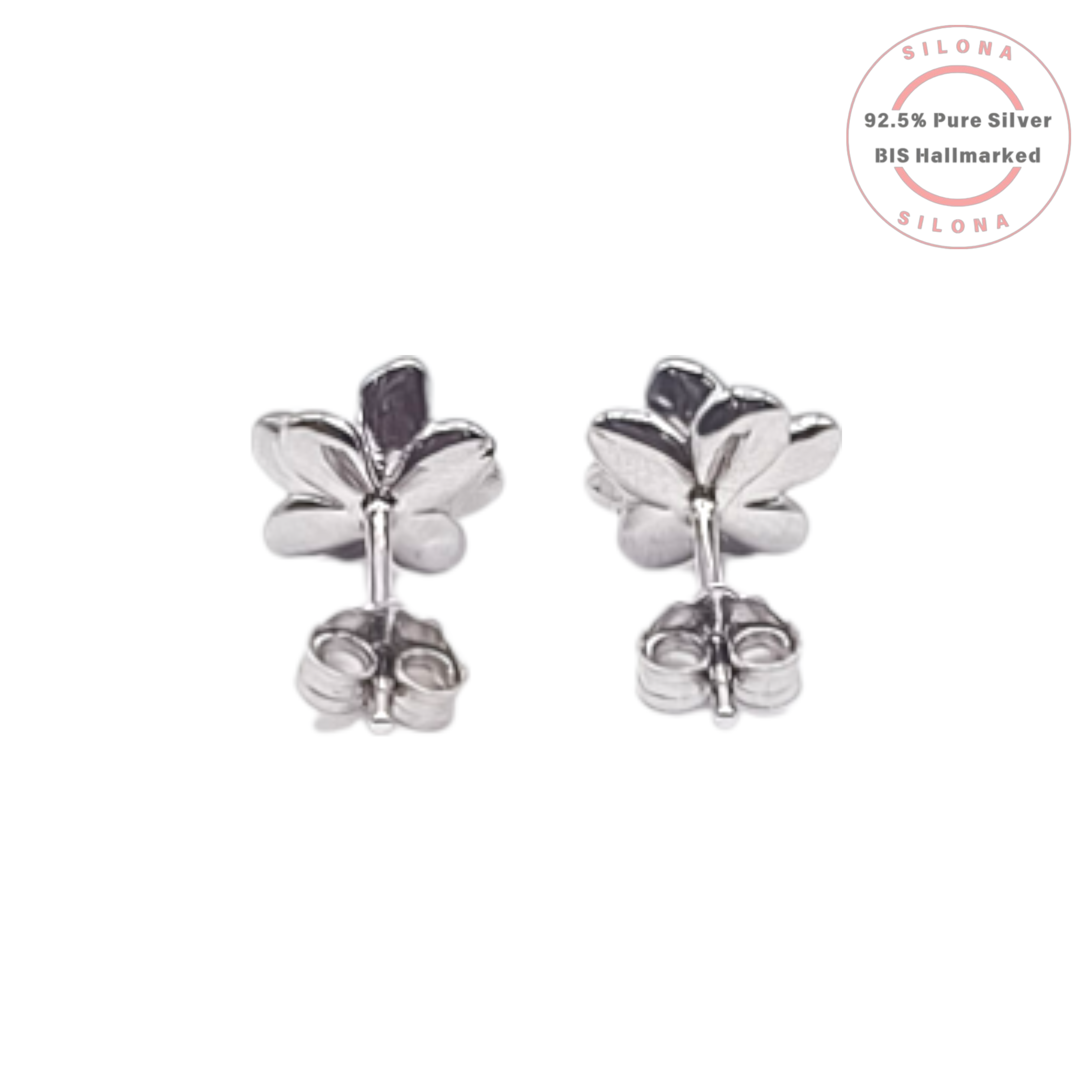 A pair of Silona Dainty Pearl Bloom Stud Earrings, crafted from 92.5 silver, featuring white enamel floral petals and a central pearl, on a white background.