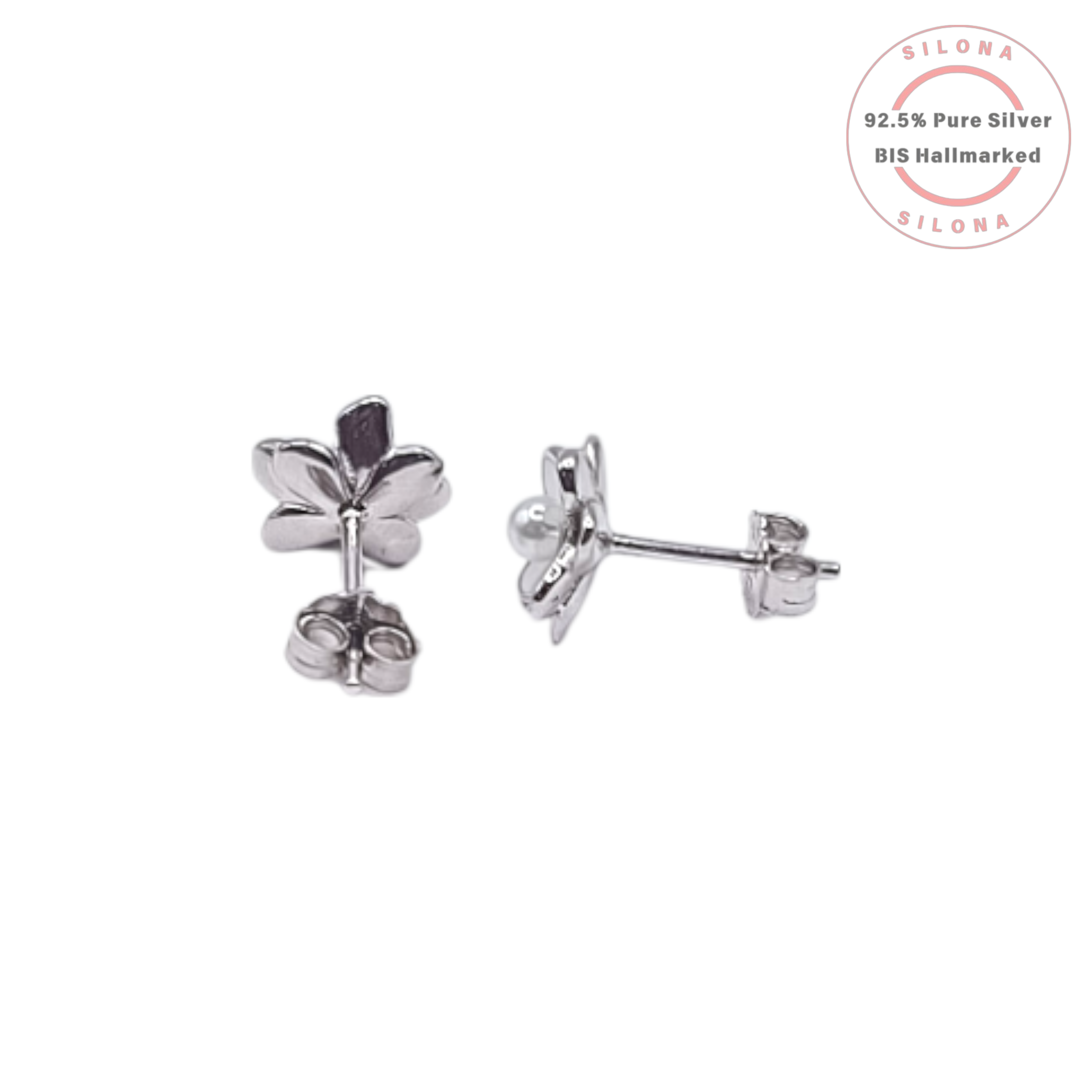 A pair of Silona Dainty Pearl Bloom Stud Earrings, crafted from 92.5 silver, featuring white enamel floral petals and a central pearl, on a white background.