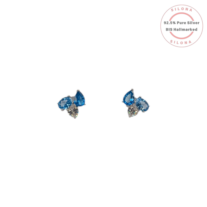 92.5 Pure Silver Azure Blue & Clear Stone Triolet Stud Earrings | BIS Hallmarked