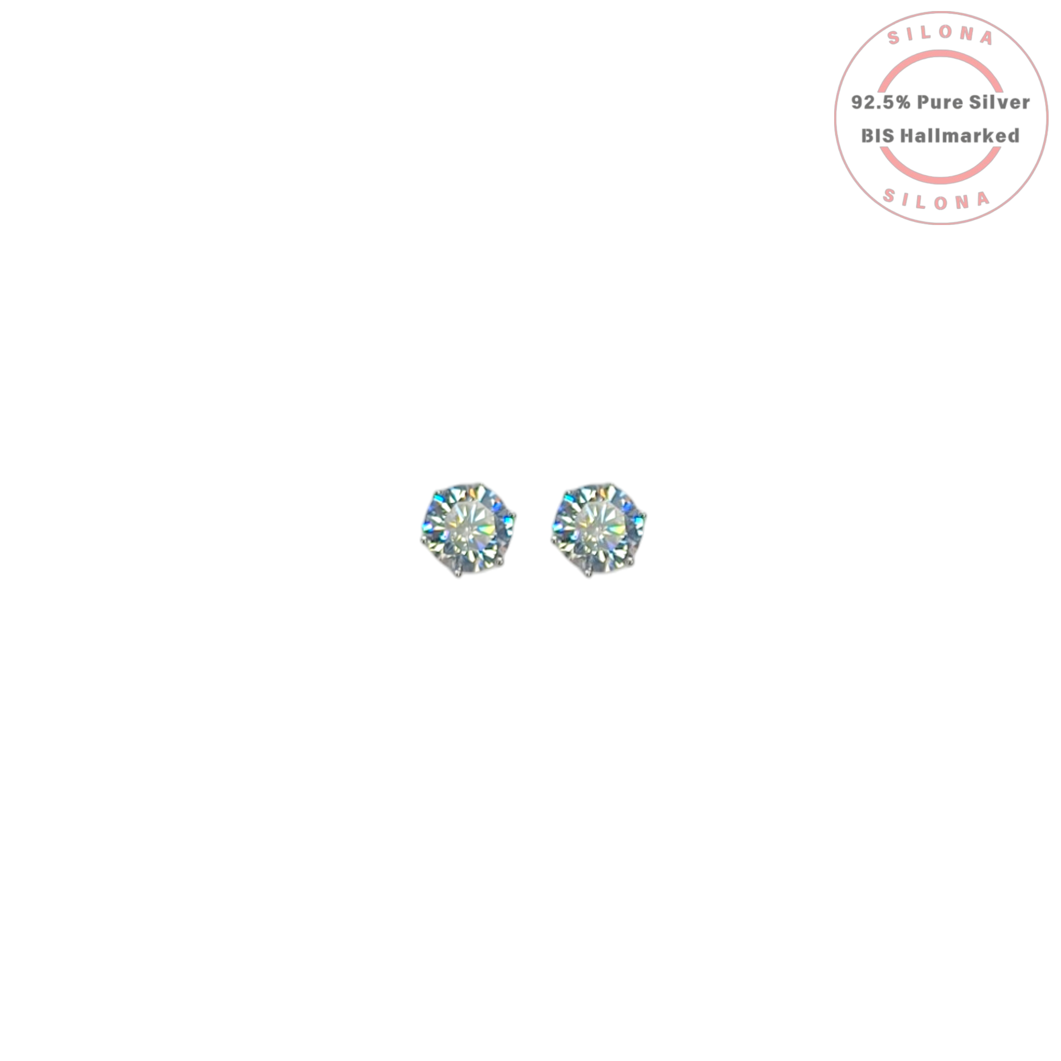 A pair of classic round solitaire stud earrings with brilliant-cut cubic zirconia stones in a 92.5 silver prong setting, shown on a white background.