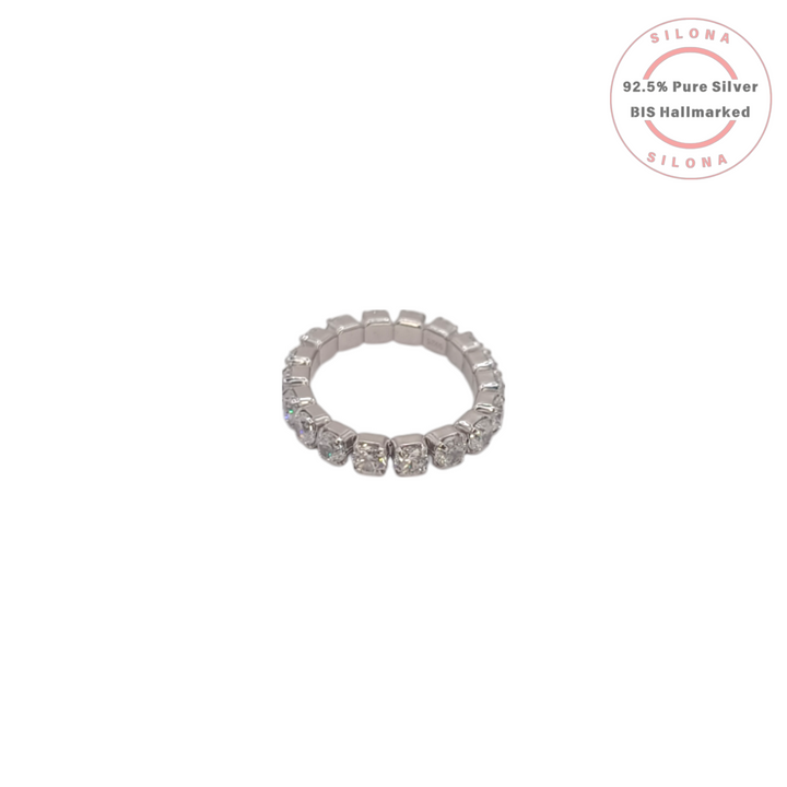 Silona Flexible Eternity Ring with square-cut cubic zirconia in 92.5 silver on a white background.