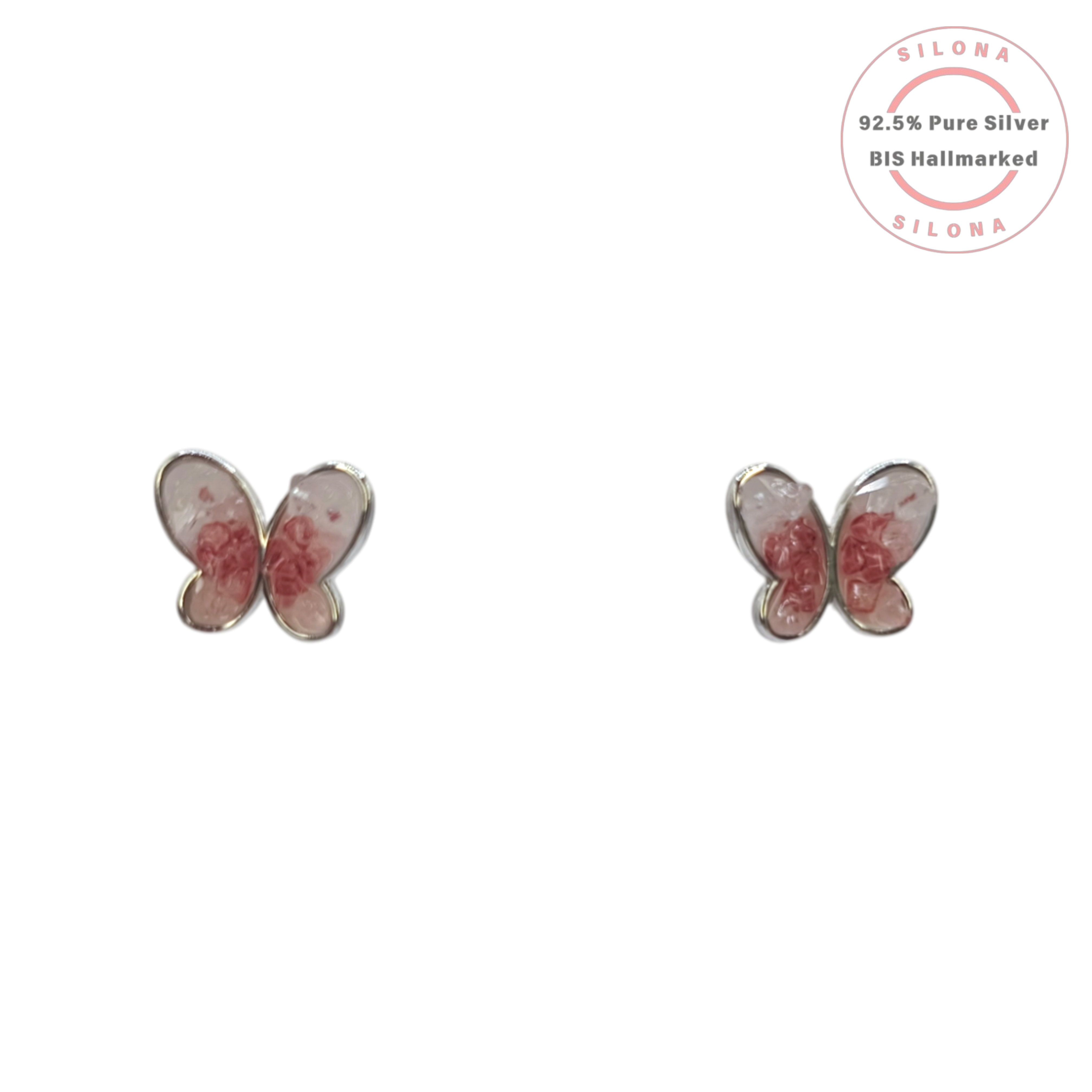 Silona Rose Quartz Butterfly Stud Earrings in 92.5 sterling silver on a white background.