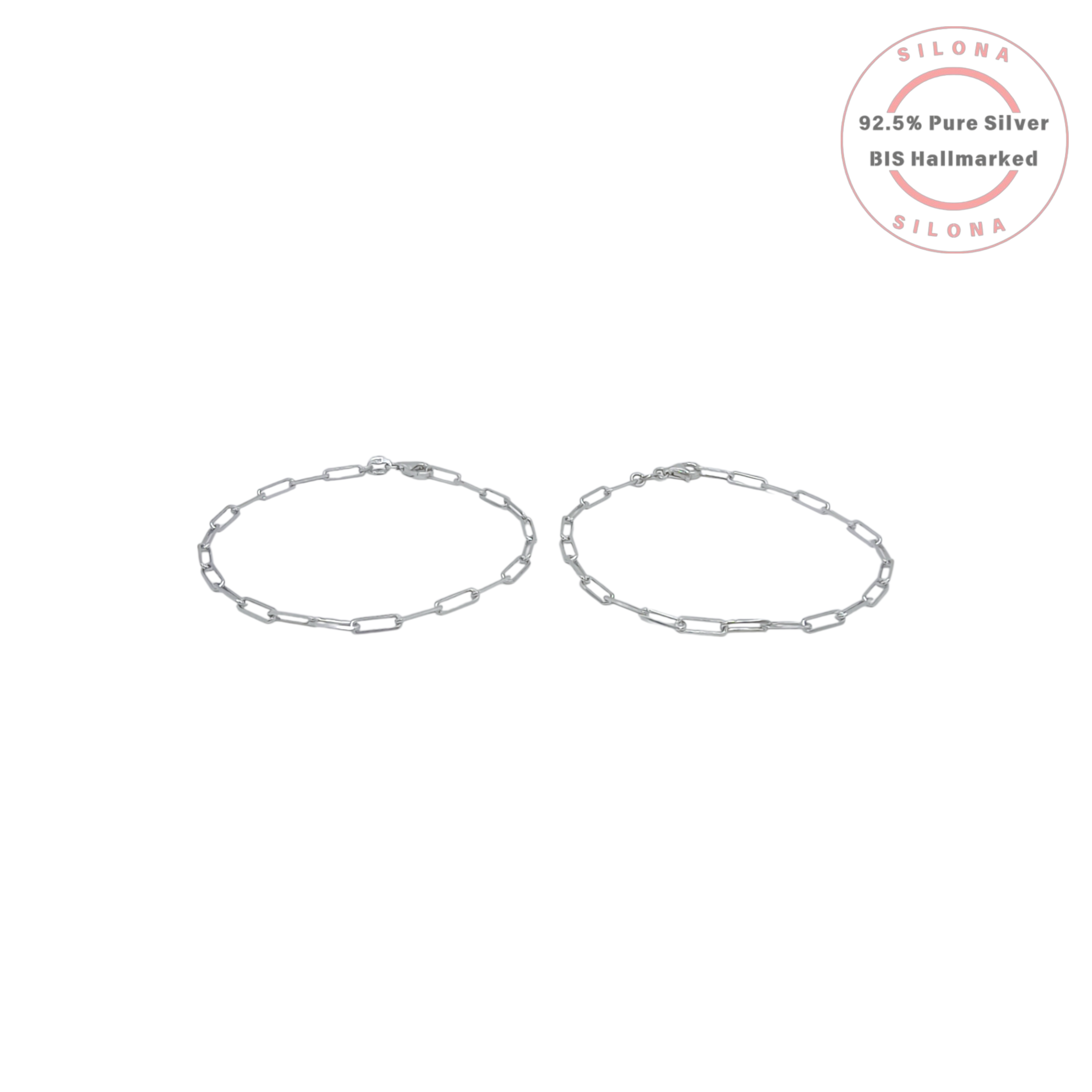 A pair of sleek paperclip chain bracelets crafted from polished 92.5 sterling silver, arranged on a clean white background with the Silona hallmark logo.