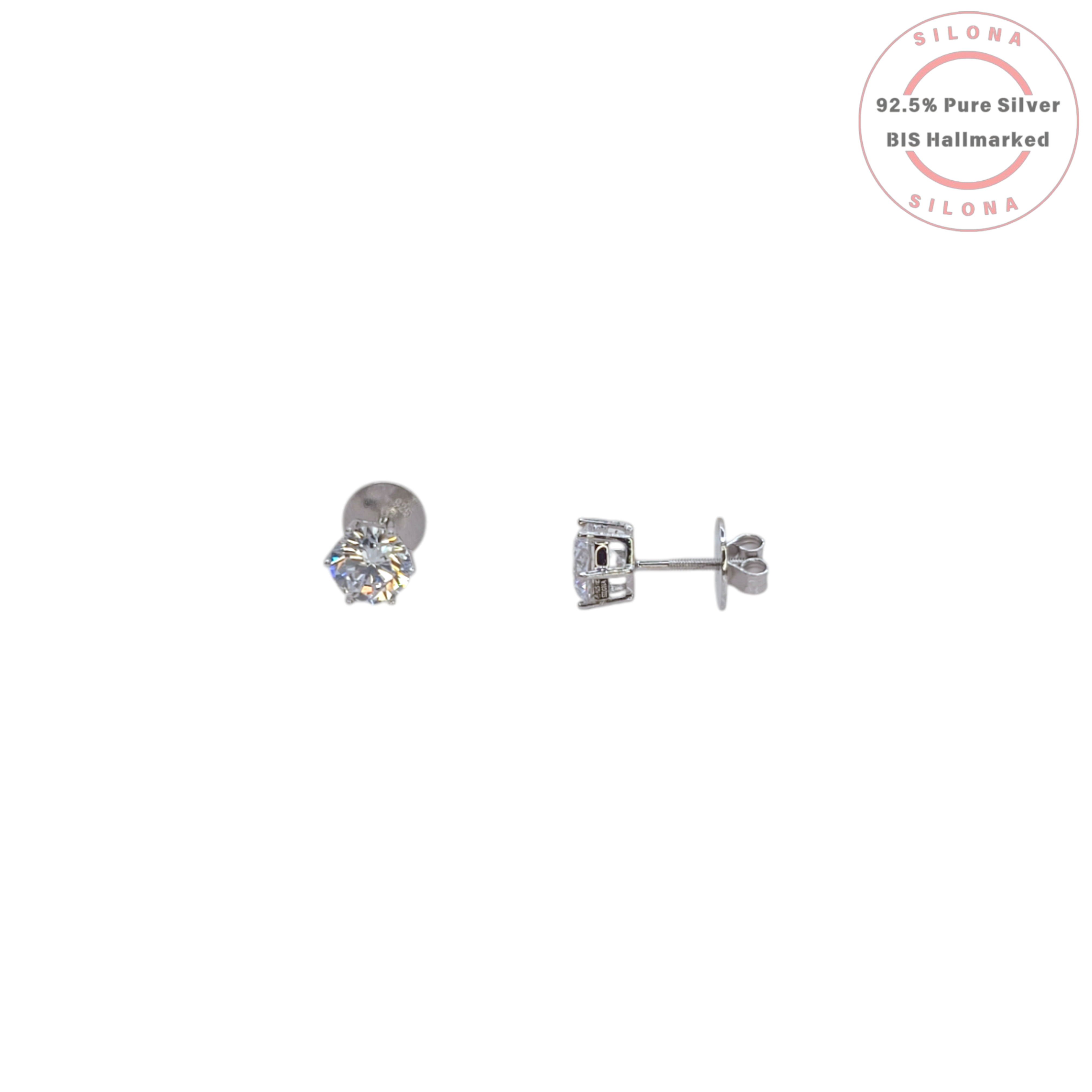 A pair of classic round solitaire stud earrings with brilliant-cut cubic zirconia stones in a 92.5 silver prong setting, shown on a white background.
