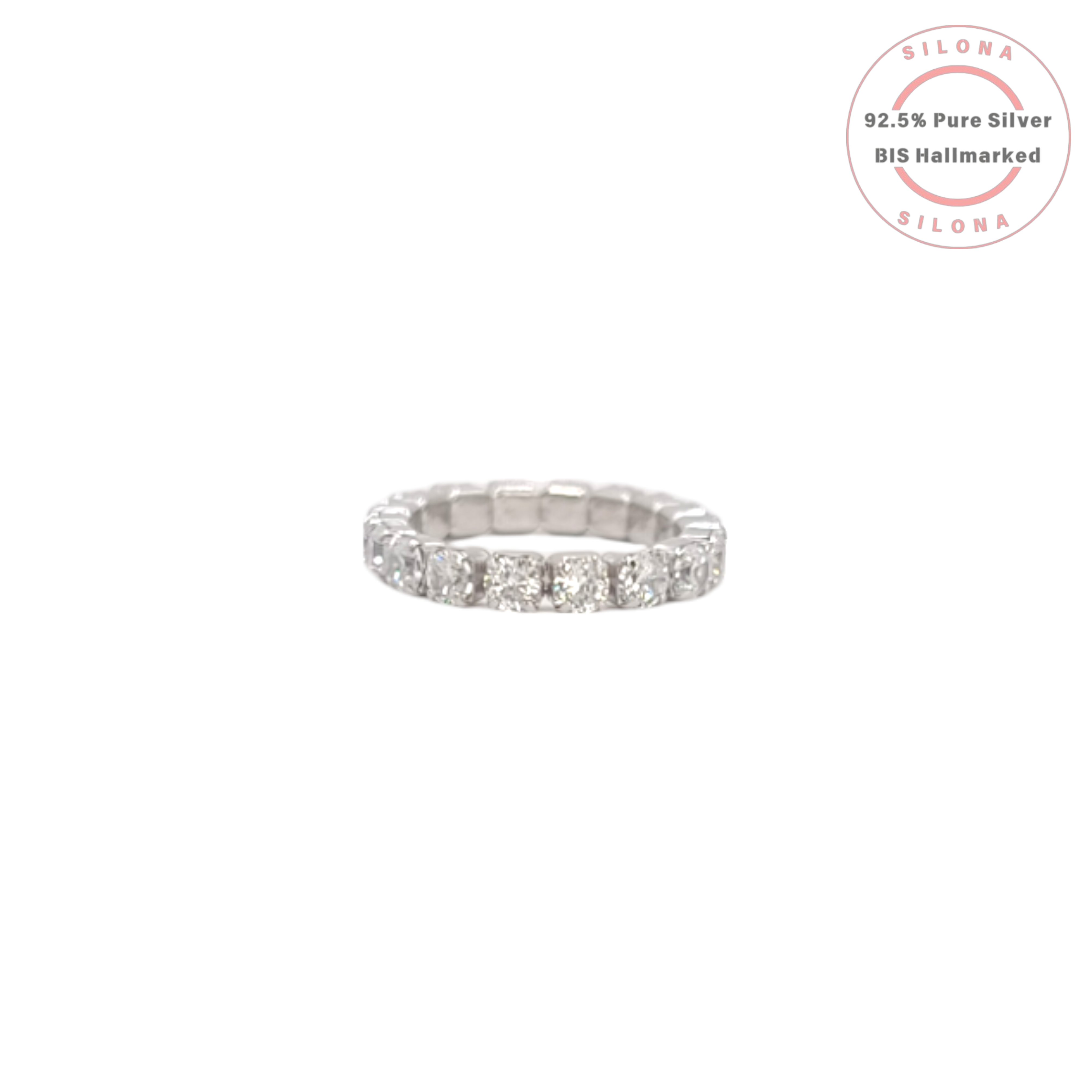 Silona Flexible Eternity Ring with square-cut cubic zirconia in 92.5 silver on a white background.