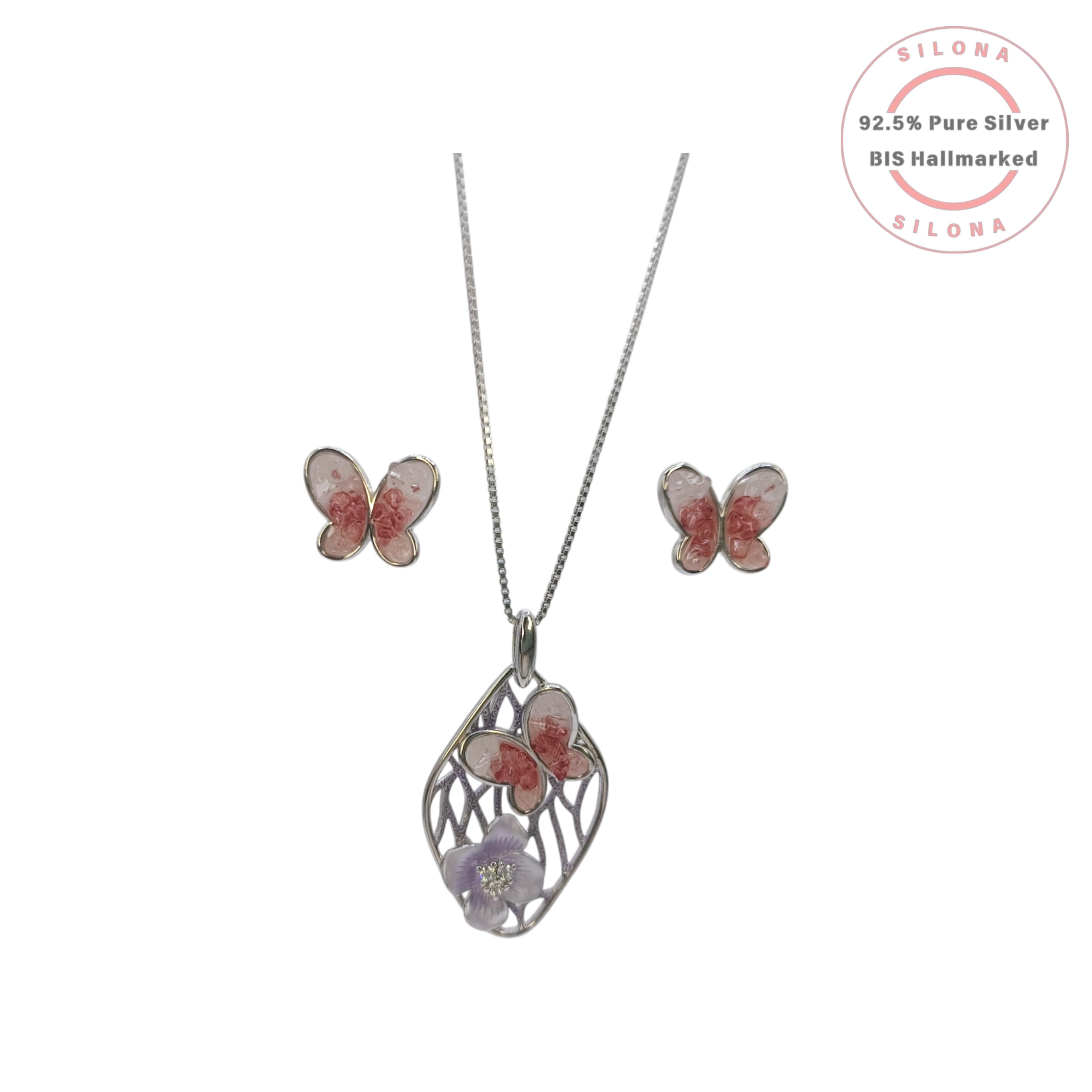 Silona Rose Quartz Butterfly Stud Earrings in 92.5 sterling silver on a white background.