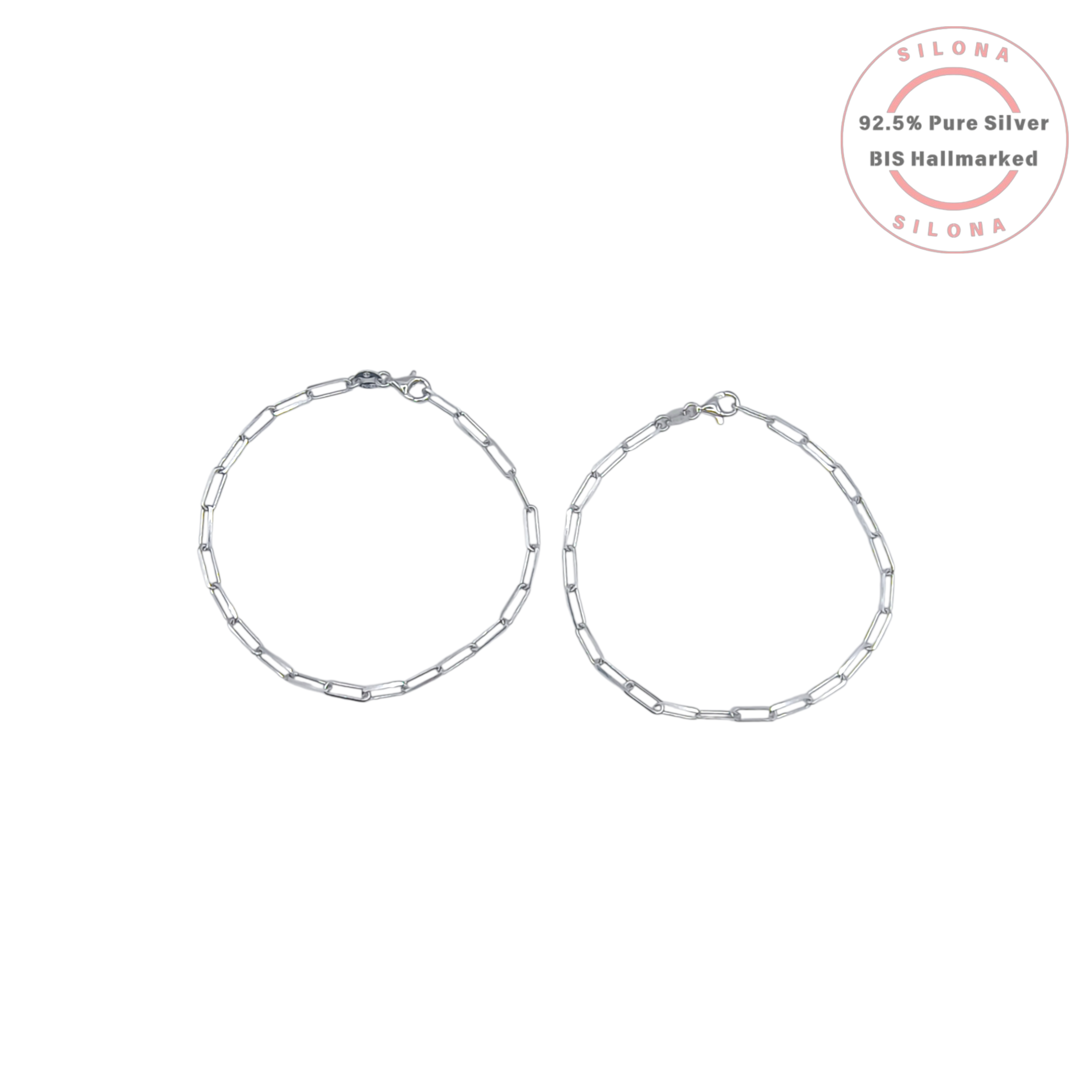 A pair of sleek paperclip chain bracelets crafted from polished 92.5 sterling silver, arranged on a clean white background with the Silona hallmark logo.