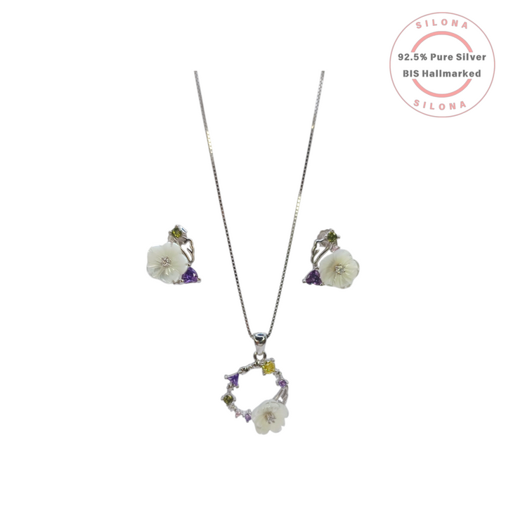 Silona's Floral Mother of Pearl Necklace and Earring Set in 92.5 silver, featuring a wreath pendant with a carved flower and multi-color gemstones.