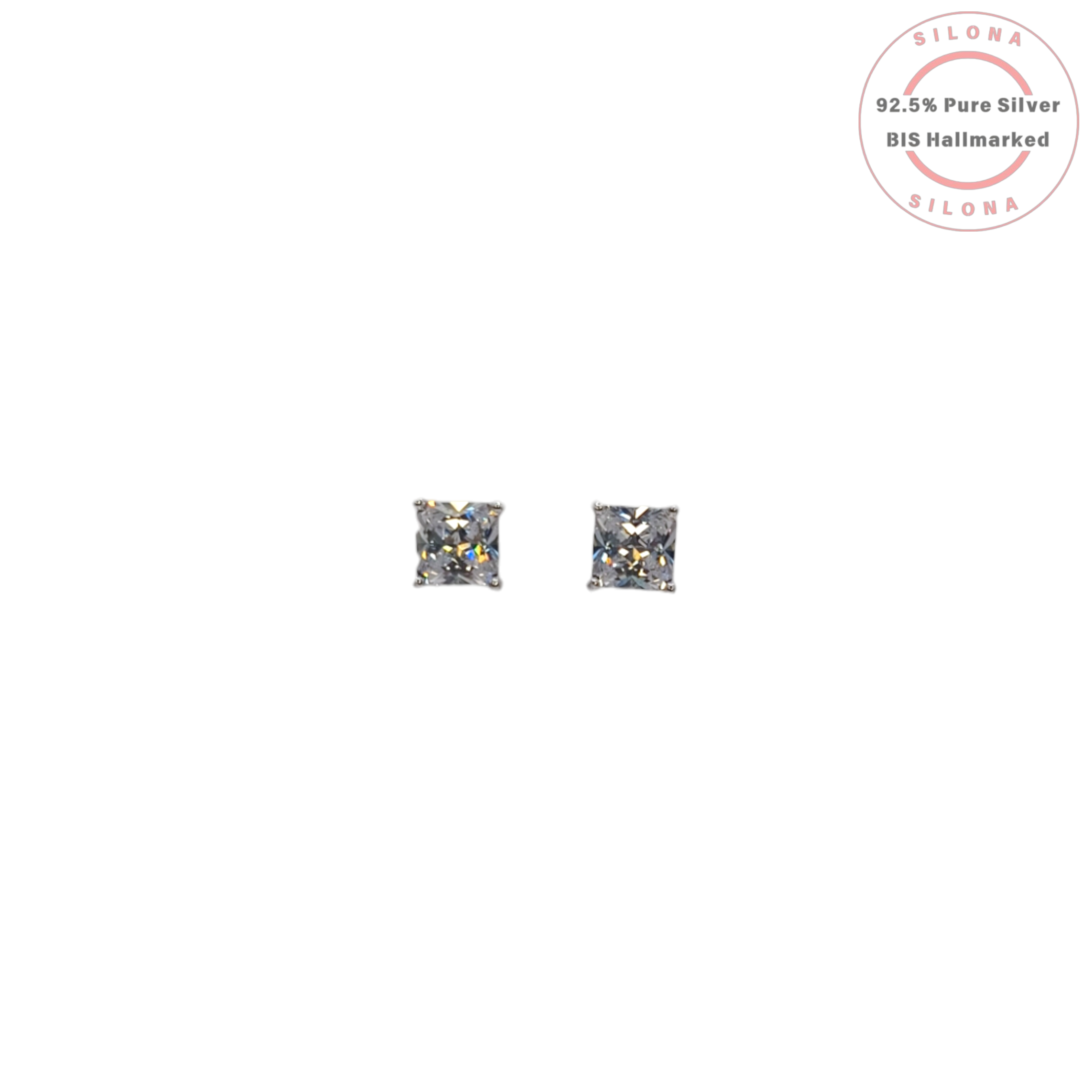 A pair of Silona's classic princess-cut cubic zirconia solitaire stud earrings in a 92.5 silver four-prong setting, shown on a white background.
