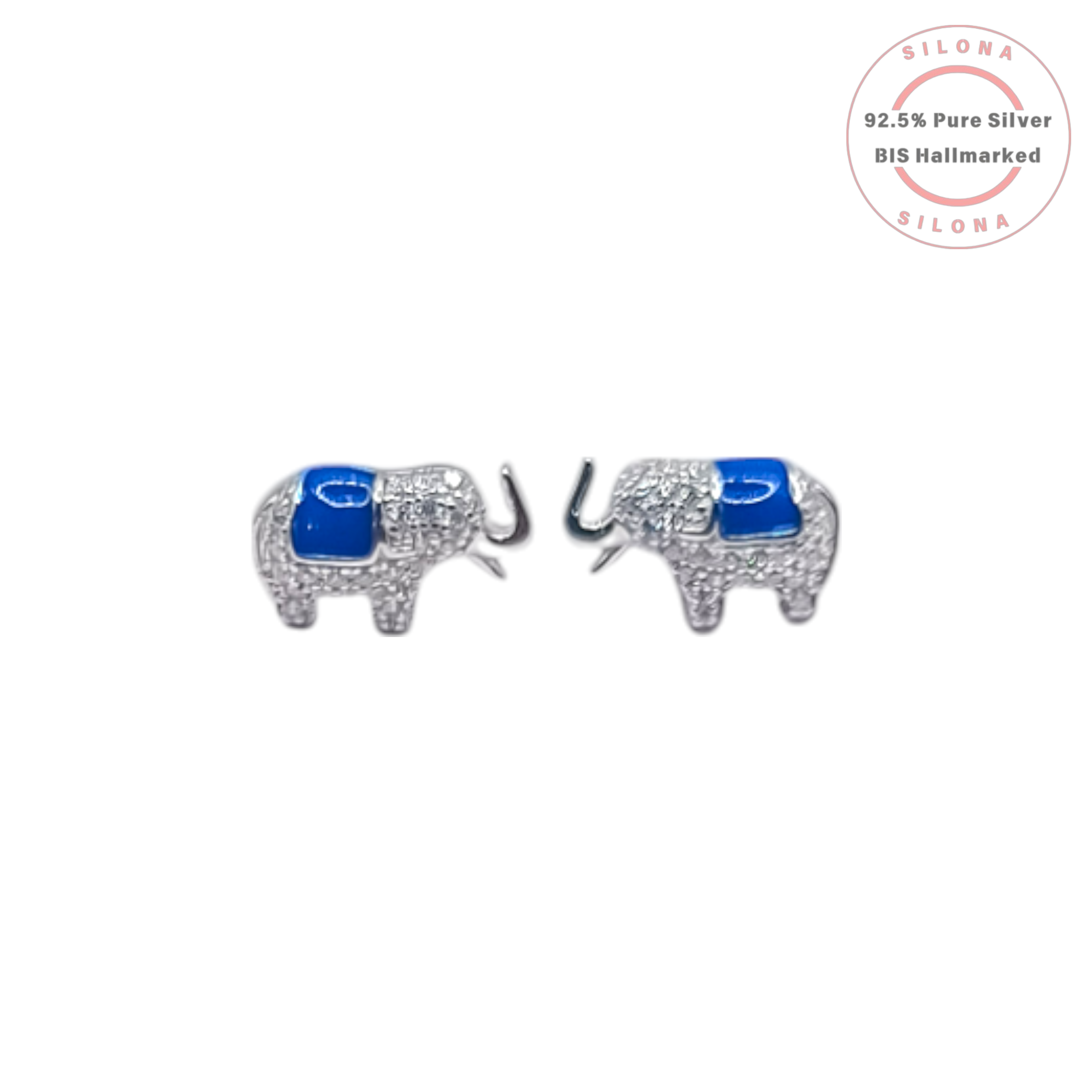 A pair of Silona elephant stud earrings in 92.5 silver, featuring pave-set cubic zirconia and a royal blue enamel saddle, on a white background.